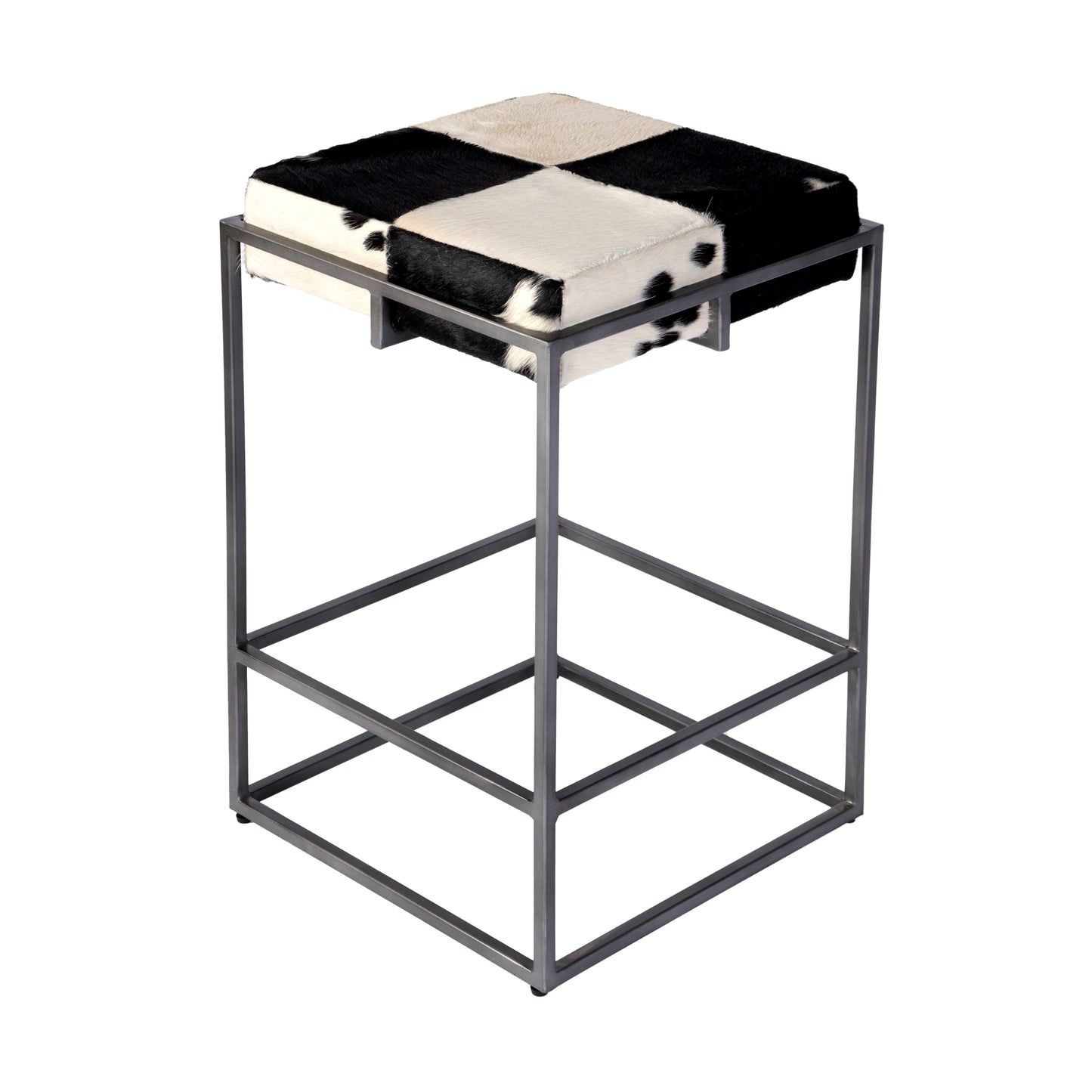 Butler Specialty Company Stinson 26.5 in. Seat Height Hair on Hide Leather and Iron Counter Stool with Footrest, Black, White