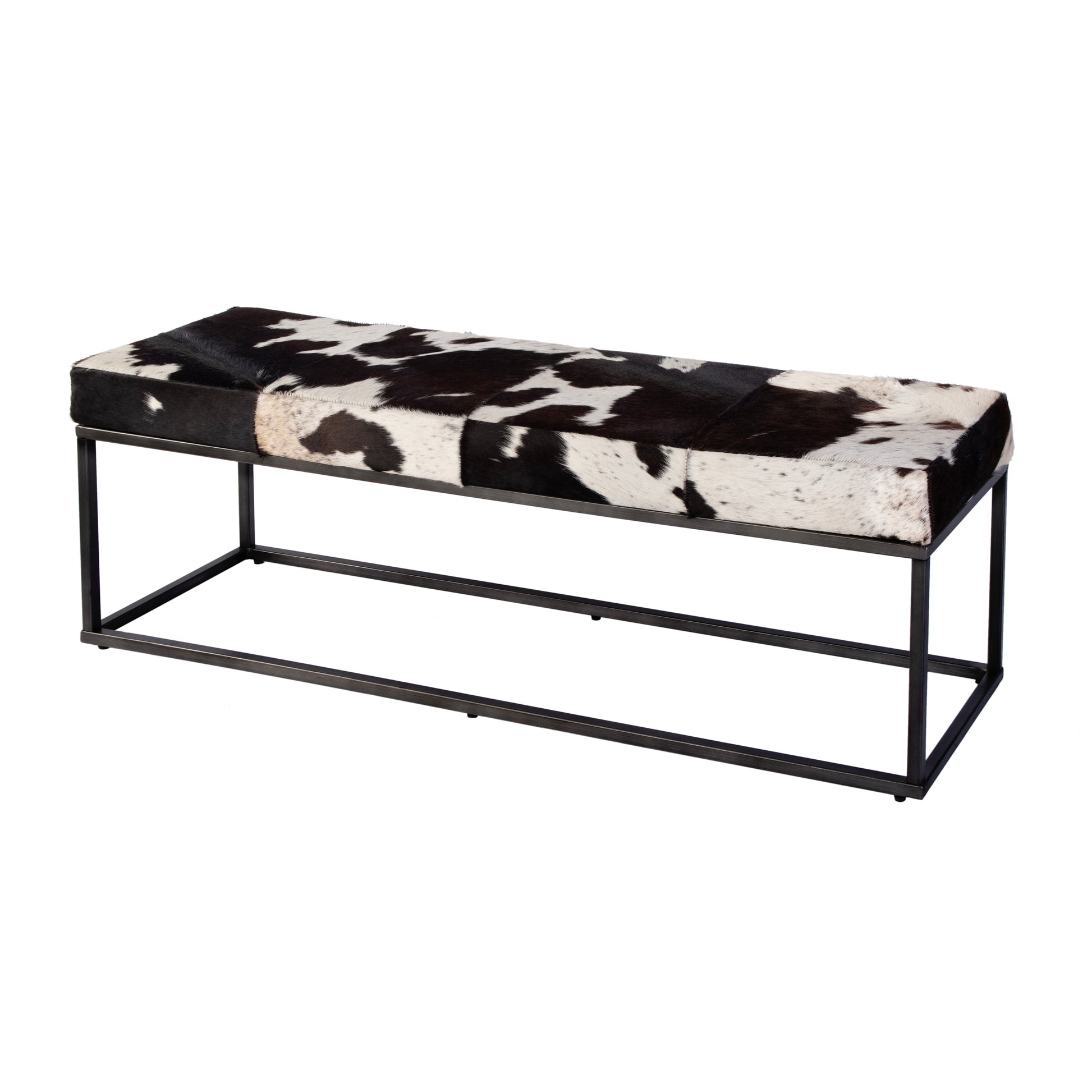 Butler Specialty Company Stinson 54 in. W Rectangular Hair-on-Hide and Iron Accent Bench, Black and White