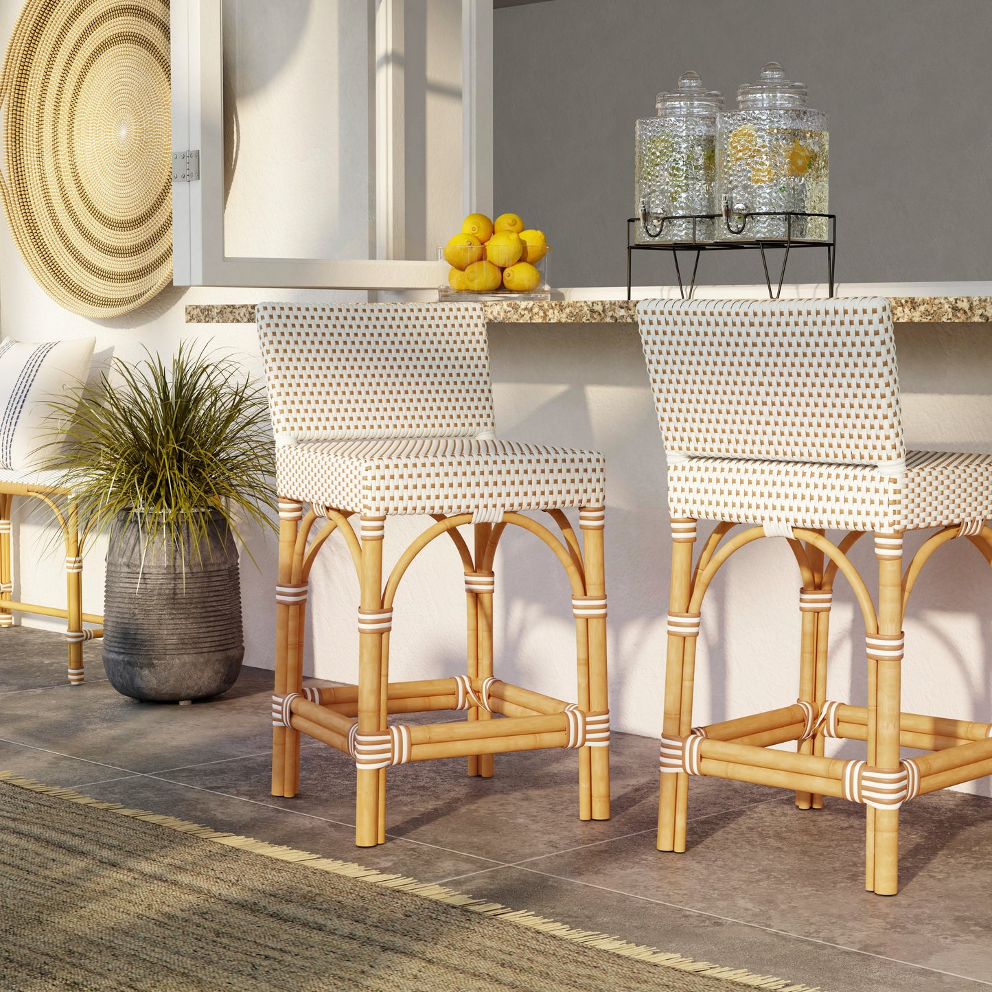 Butler Specialty Company Amalfi 24.5 in. Seat Height Outdoor Counter Stool with Back, Beige and White