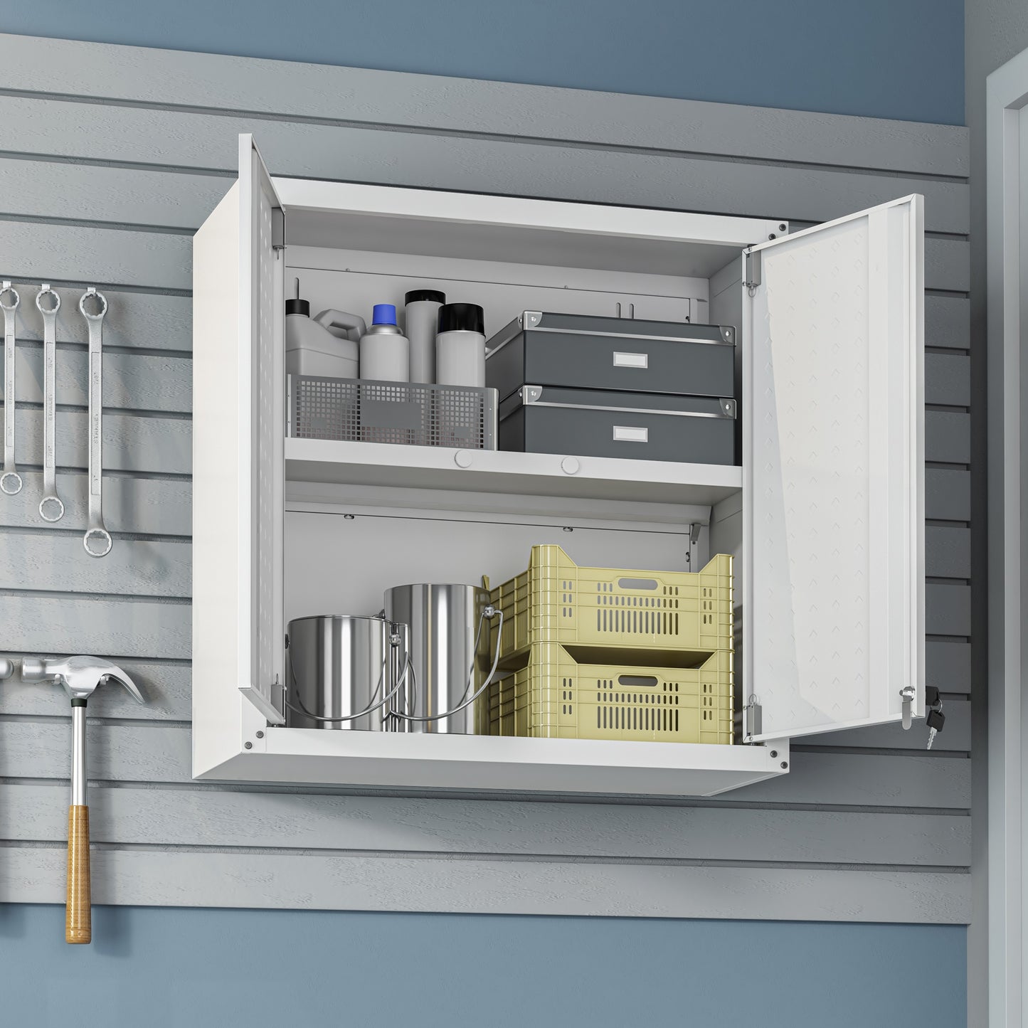 Manhattan Comfort Fortress 30" Floating Textured Metal Garage Cabinet with Adjustable Shelves in White 5GMC-WH