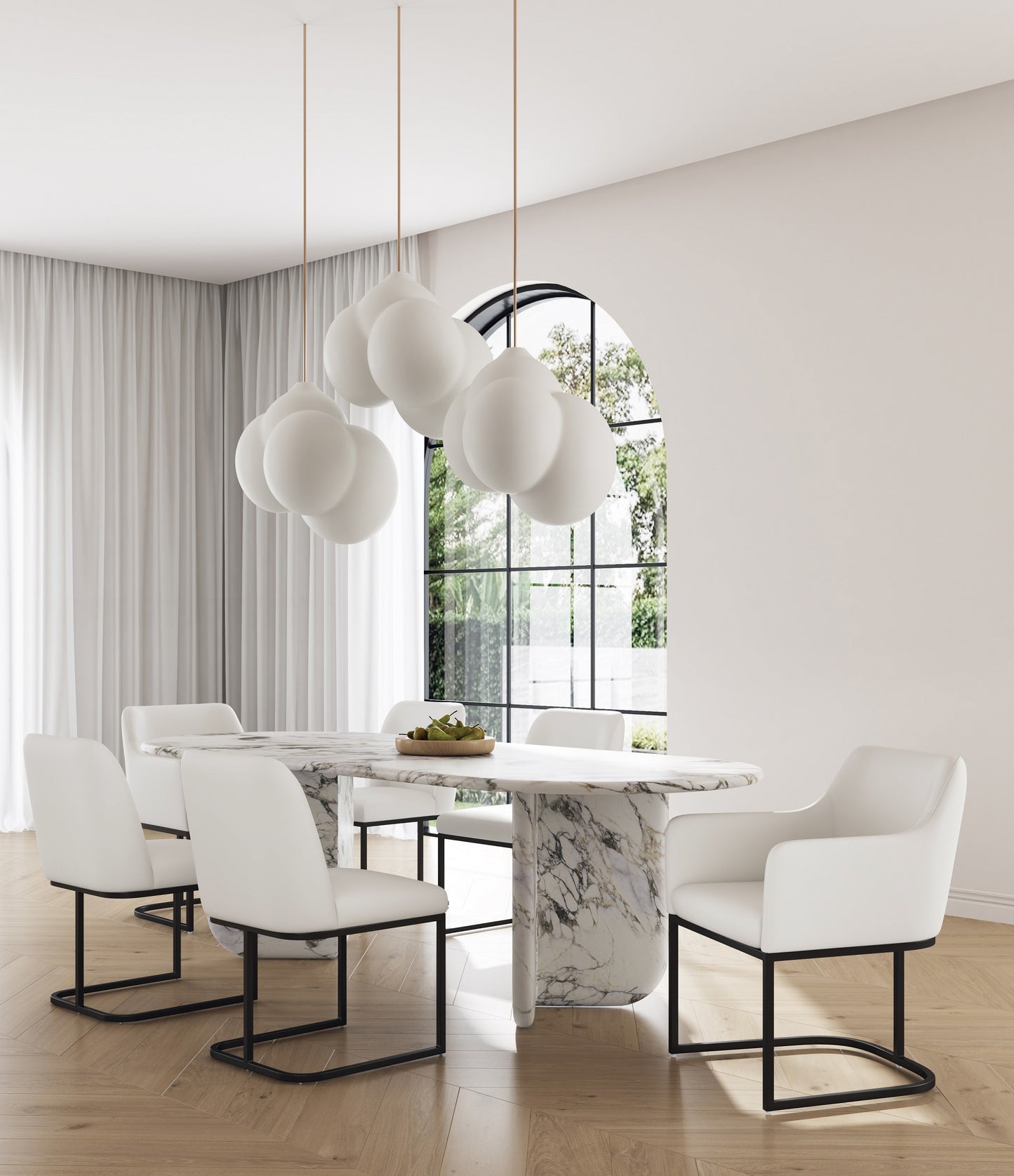 Manhattan Comfort Modern Serena 6 Piece Dining Set Upholstered in Leatherette with Steel Legs in Cream 6-DC056-CR