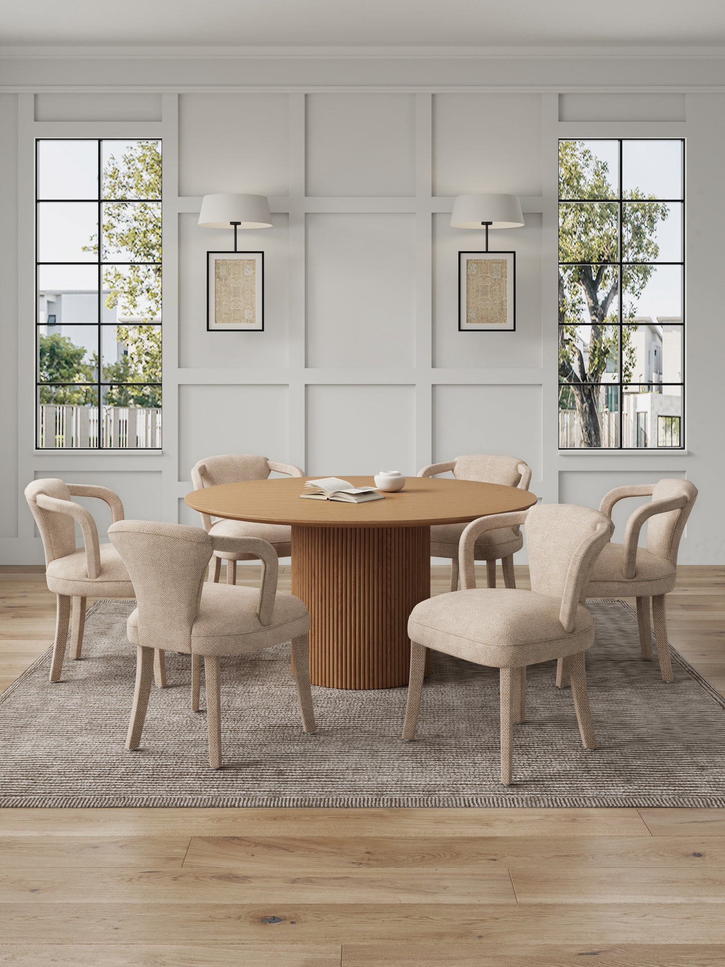 Manhattan Comfort 7-Piece Hathaway Modern 59.05 Solid Wood Round Dining Set with Upholstered Chairs