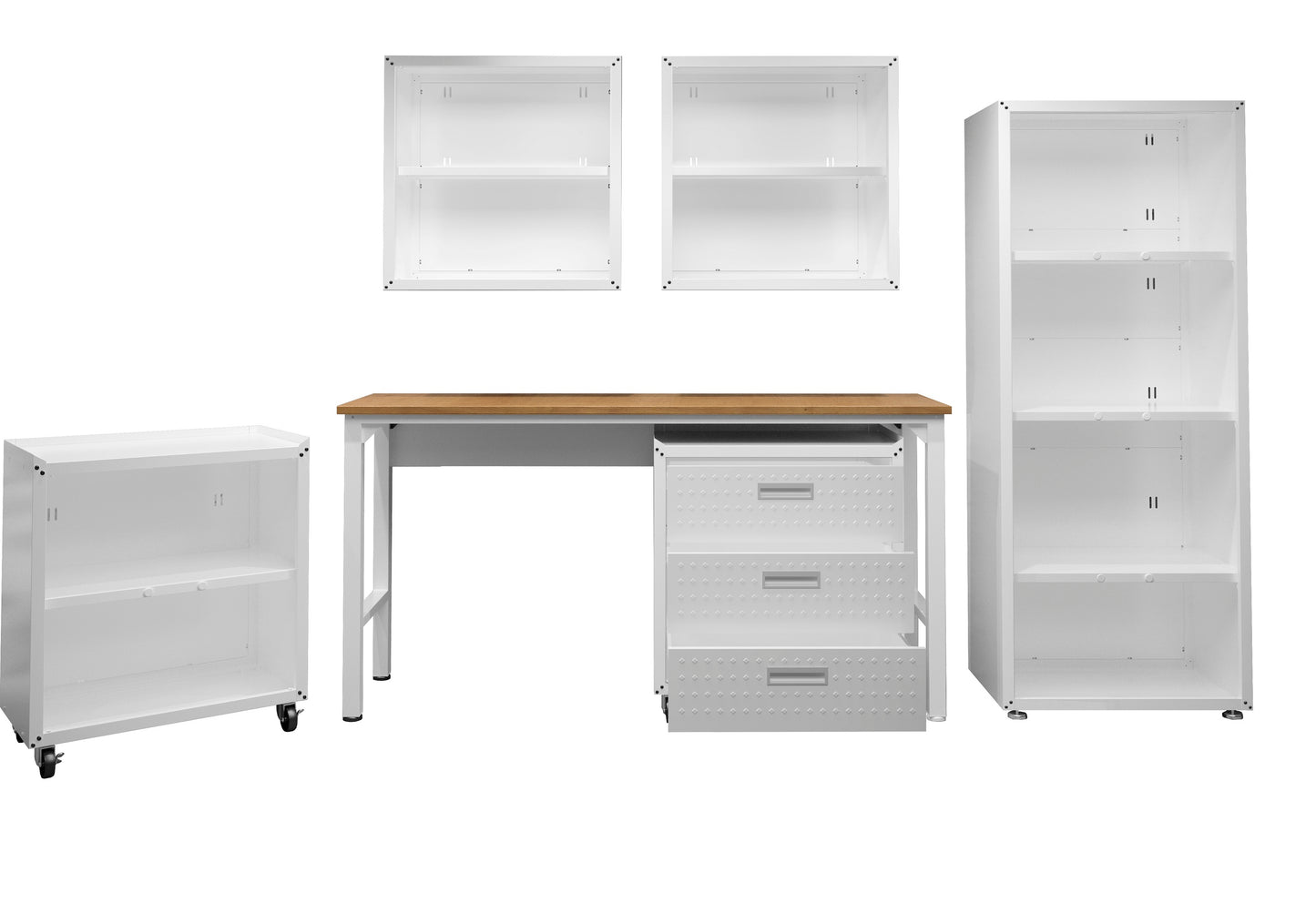 Manhattan Comfort 6-Piece Fortress Textured Garage Set with Cabinets, Wall Units and Table in White 6-GGGG-WH