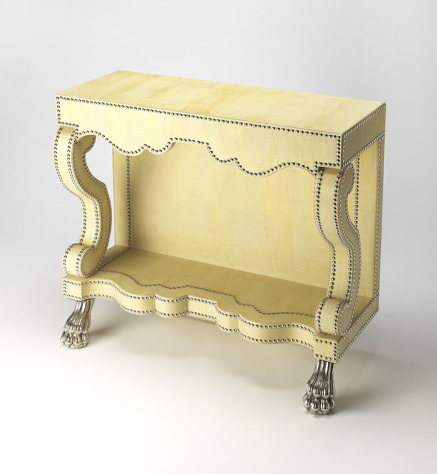 Butler Specialty Company Bonino 36 in. W Rectangular Leather and Wood Cosmopolitan Console Table with Lower Open Shelf, Cream, Yellow