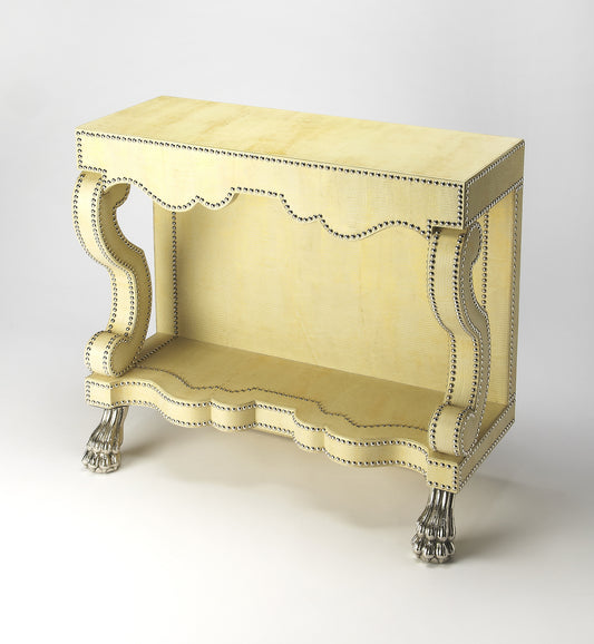Butler Specialty Company Bonino 36 in. W Rectangular Leather and Wood Cosmopolitan Console Table with Lower Open Shelf, Cream, Yellow