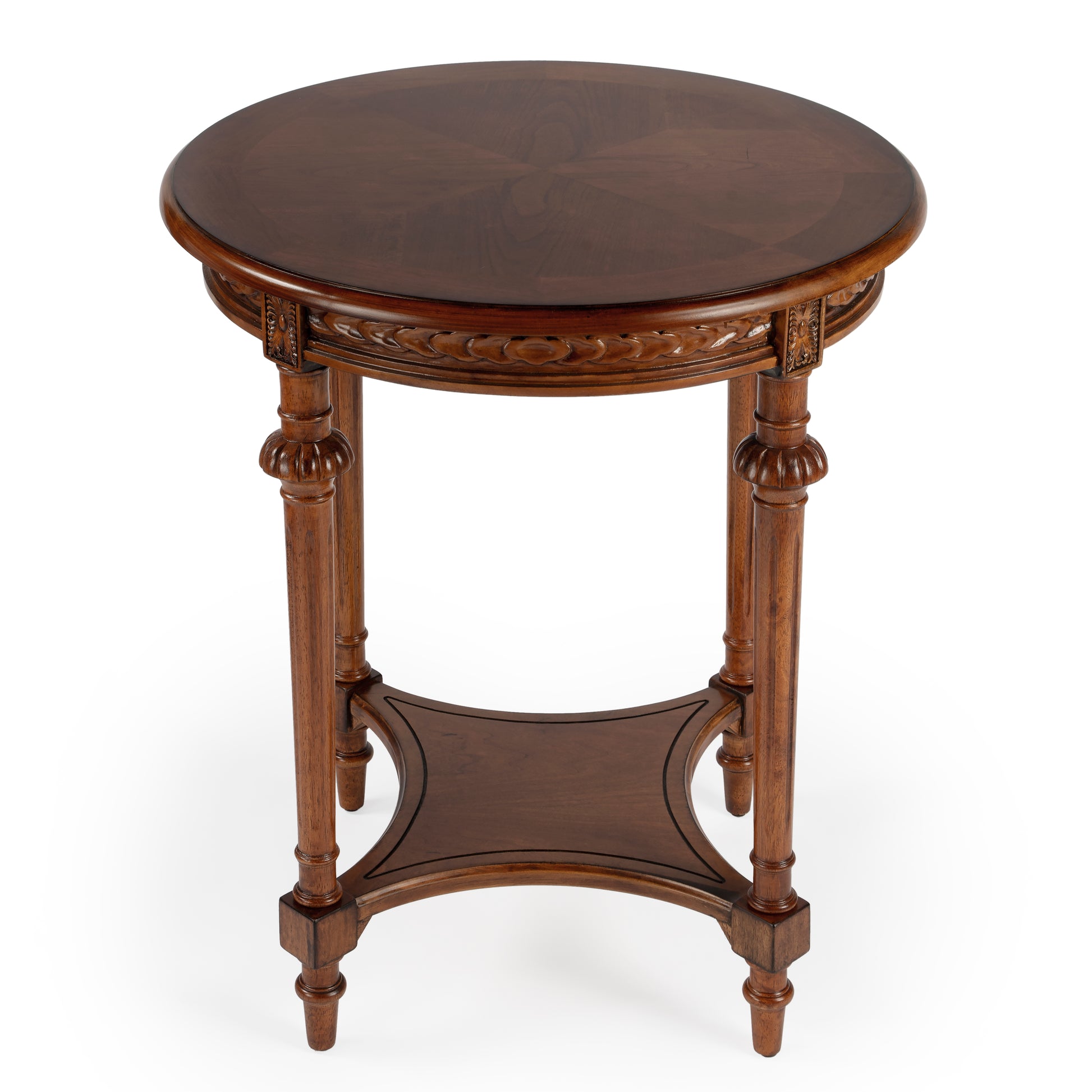 Butler Specialty Company Hellinger 24 in. W Round Wood Tall End Table with Open Shelf, Medium Brown