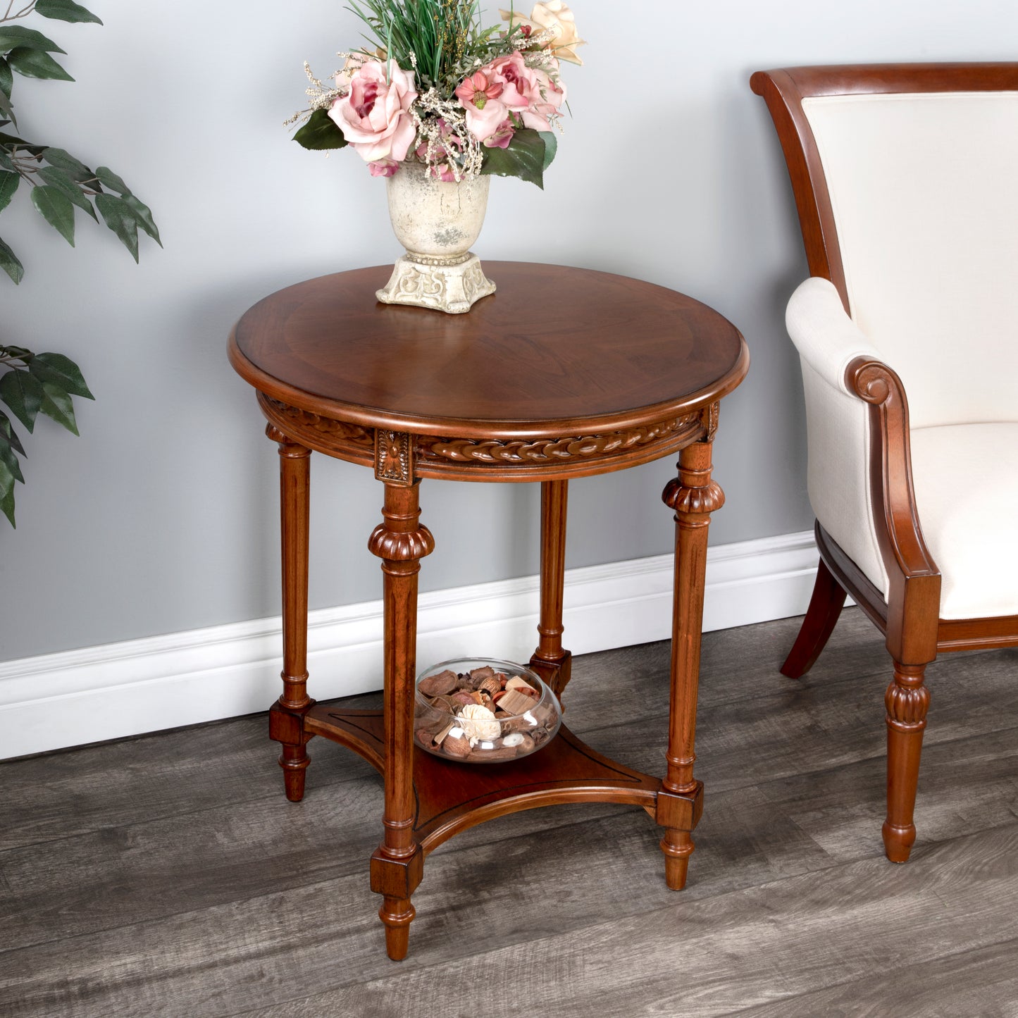 Butler Specialty Company Hellinger 24 in. W Round Wood Tall End Table with Open Shelf, Medium Brown