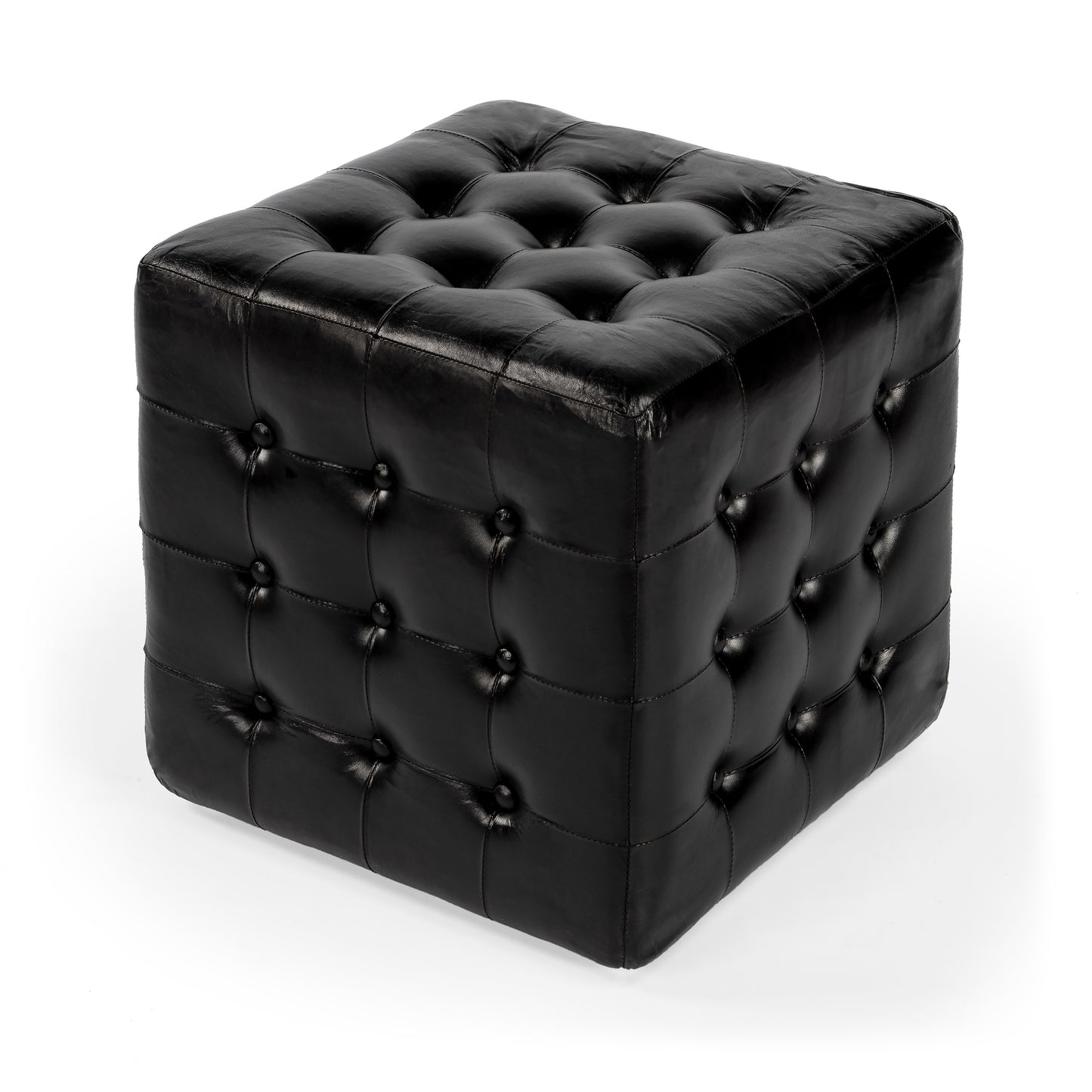 Butler Specialty Company Leon 18 in. Square Button Tufted Leather Cube Ottoman, Black