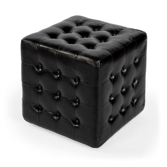 Butler Specialty Company Leon 18 in. Square Button Tufted Leather Cube Ottoman, Black