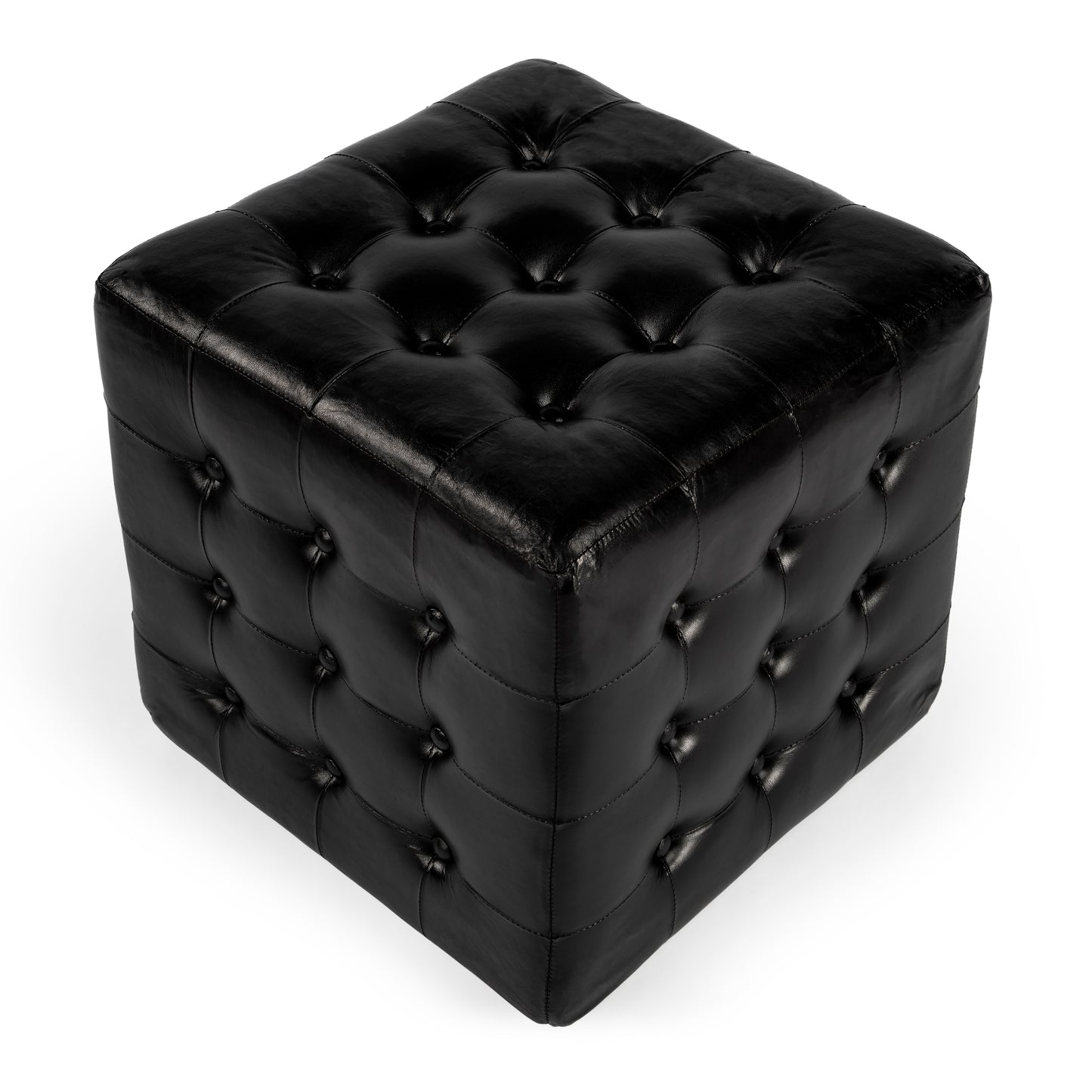 Butler Specialty Company Leon 18 in. Square Button Tufted Leather Cube Ottoman, Black