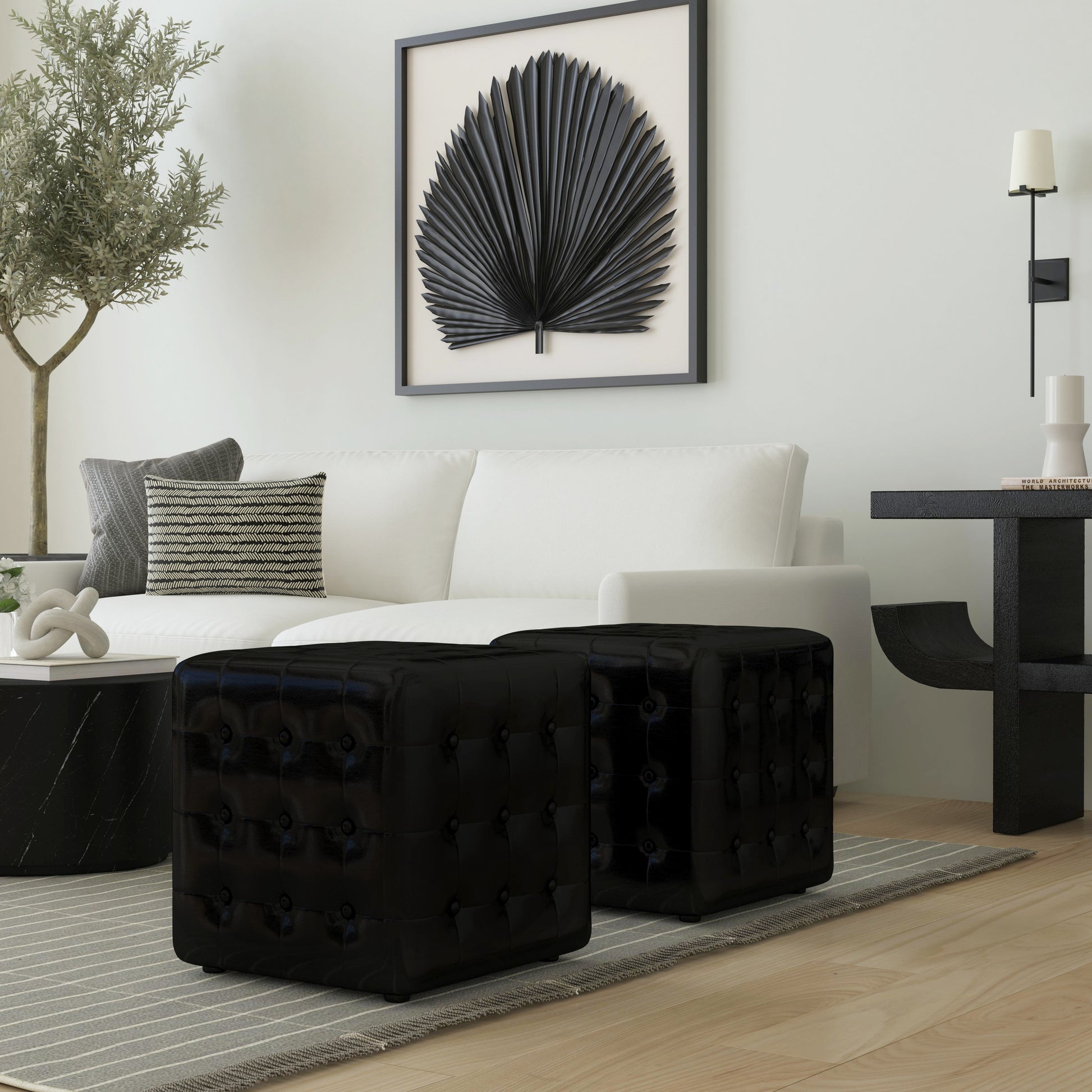 Butler Specialty Company Leon 18 in. Square Button Tufted Leather Cube Ottoman, Black