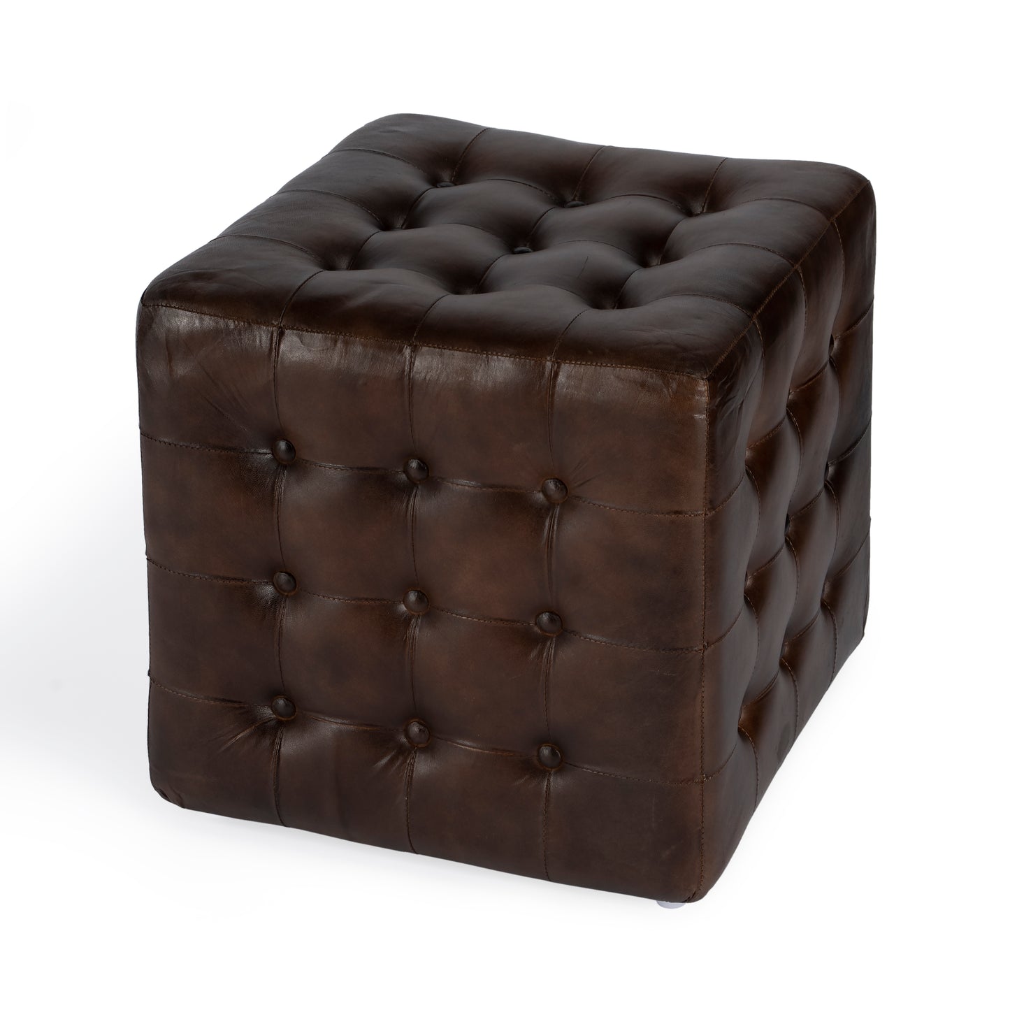 Butler Specialty Company Leon 18 in. Square Button Tufted Leather Cube Ottoman, Dark Brown