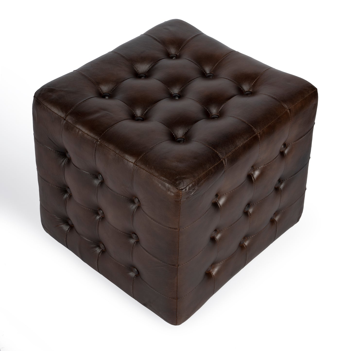 Butler Specialty Company Leon 18 in. Square Button Tufted Leather Cube Ottoman, Dark Brown