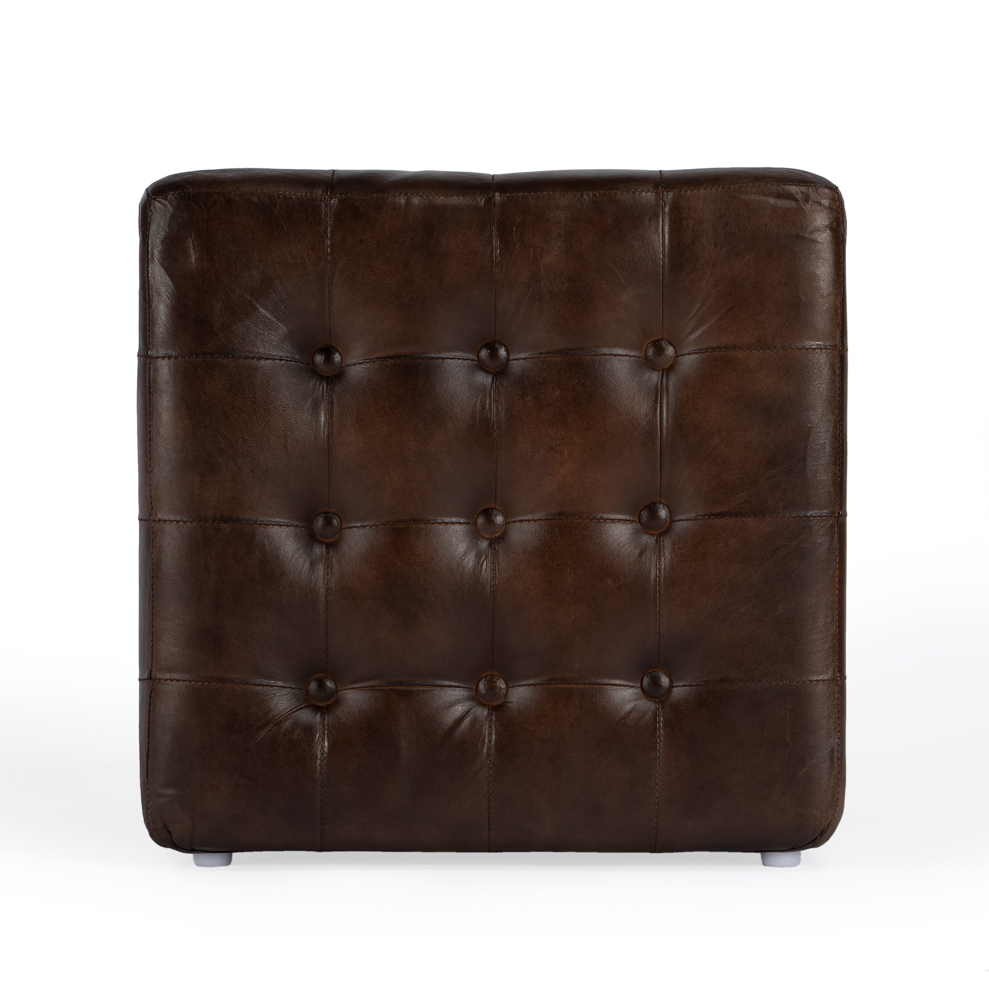 Butler Specialty Company Leon 18 in. Square Button Tufted Leather Cube Ottoman, Dark Brown