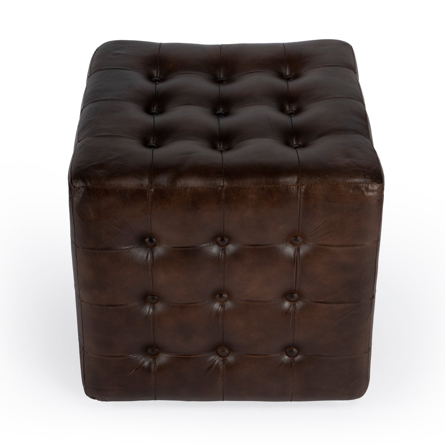 Butler Specialty Company Leon 18 in. Square Button Tufted Leather Cube Ottoman, Dark Brown