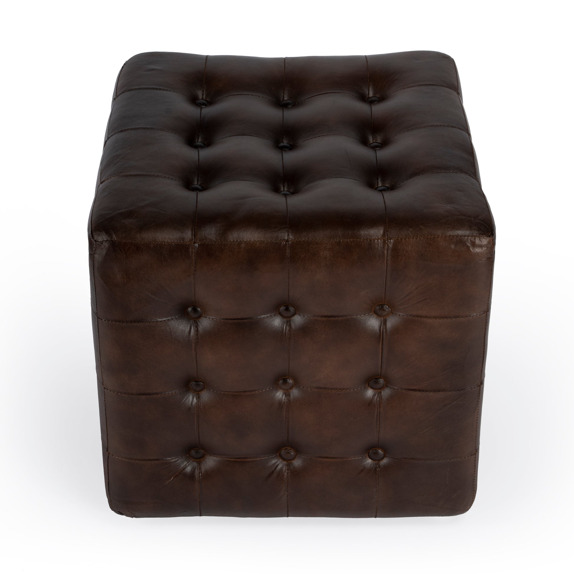 Butler Specialty Company Leon 18 in. Square Button Tufted Leather Cube Ottoman, Dark Brown
