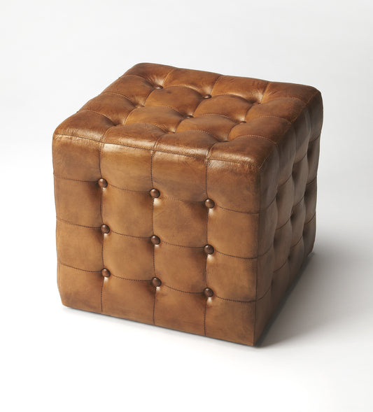 Butler Specialty Company Leon 18 in. Square Button Tufted Leather Cube Ottoman, Medium Brown