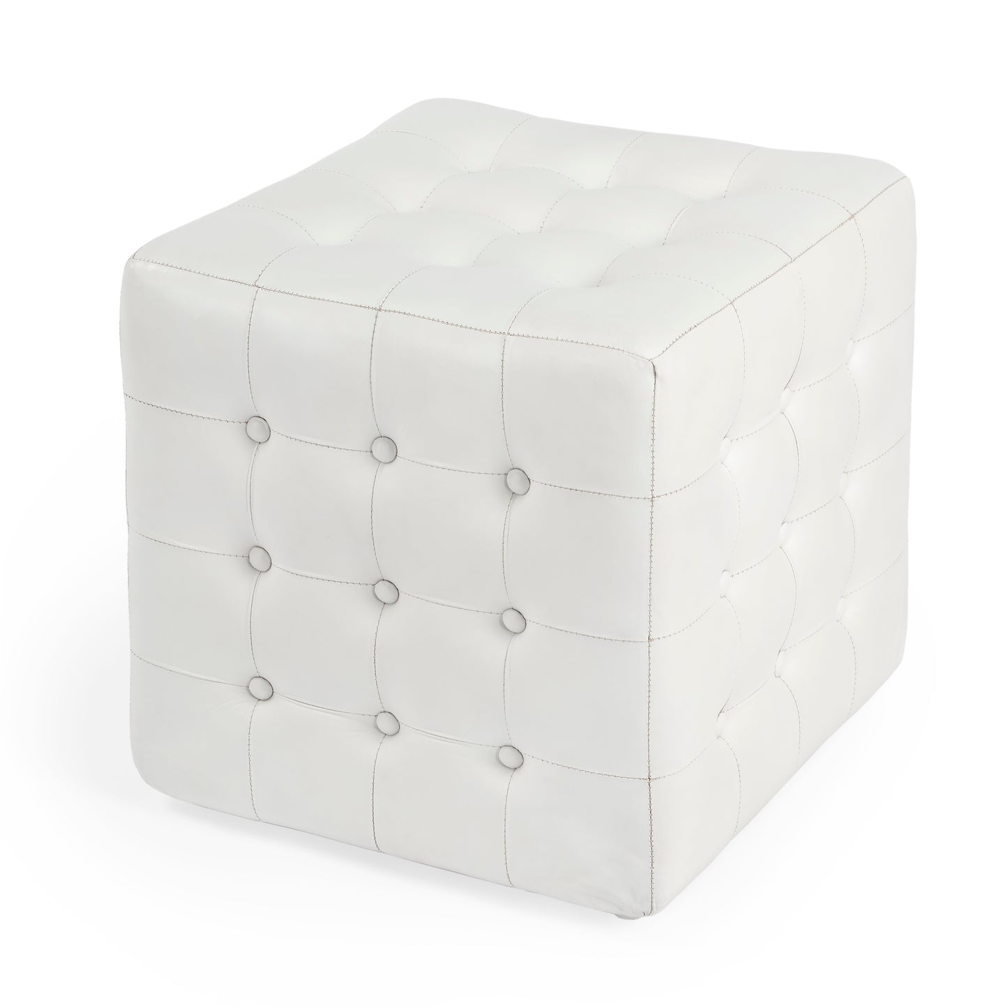 Butler Specialty Company Leon 18 in. Square Button Tufted Leather Cube Ottoman, White