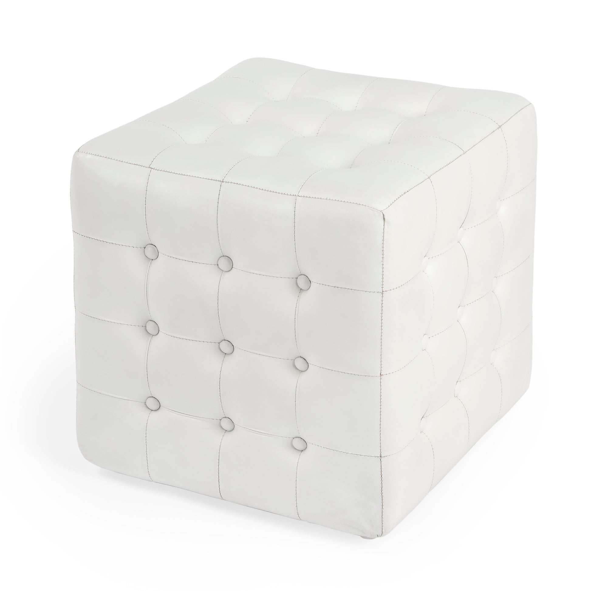 Butler Specialty Company Leon 18 in. Square Button Tufted Leather Cube Ottoman, White