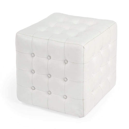 Butler Specialty Company Leon 18 in. Square Button Tufted Leather Cube Ottoman, White