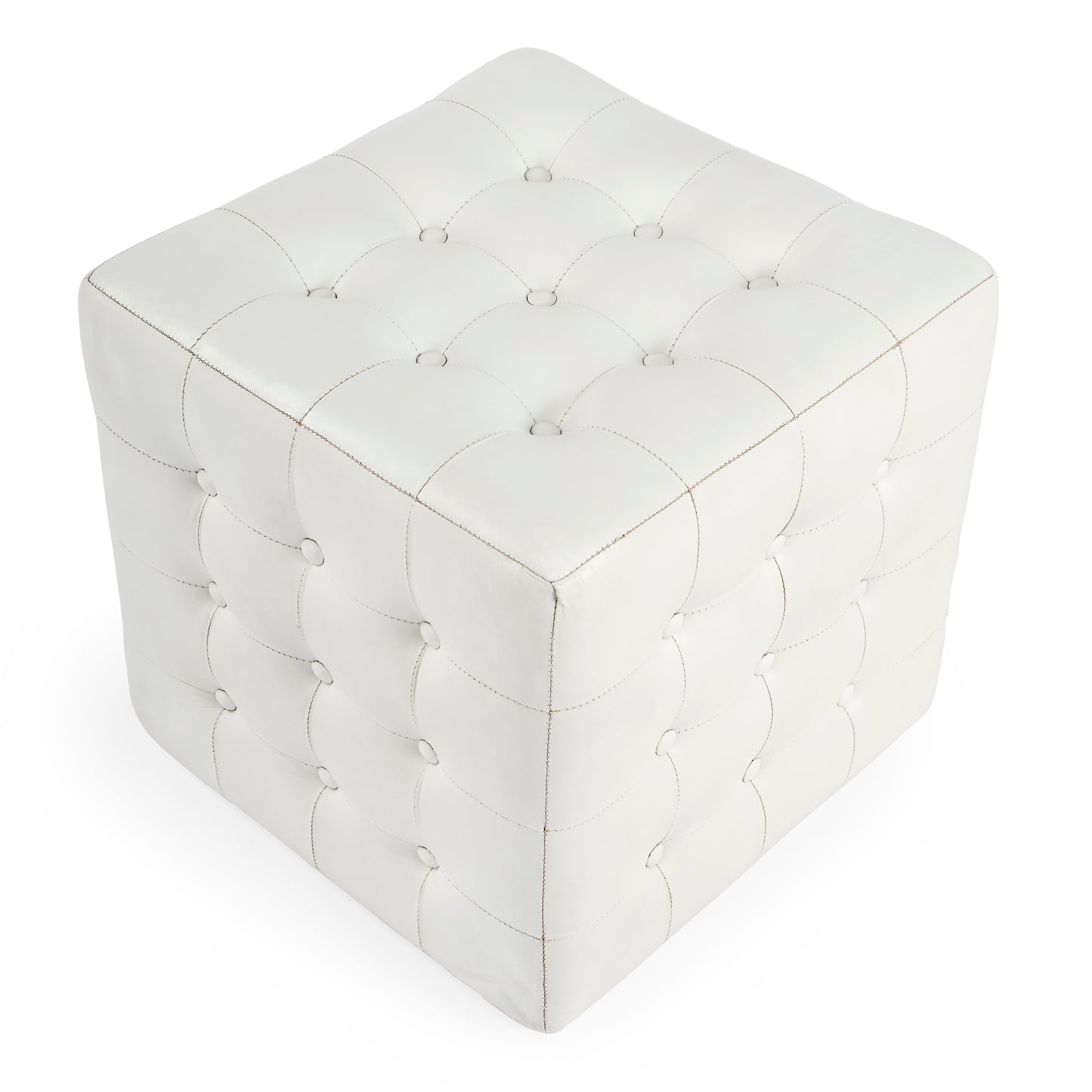 Butler Specialty Company Leon 18 in. Square Button Tufted Leather Cube Ottoman, White