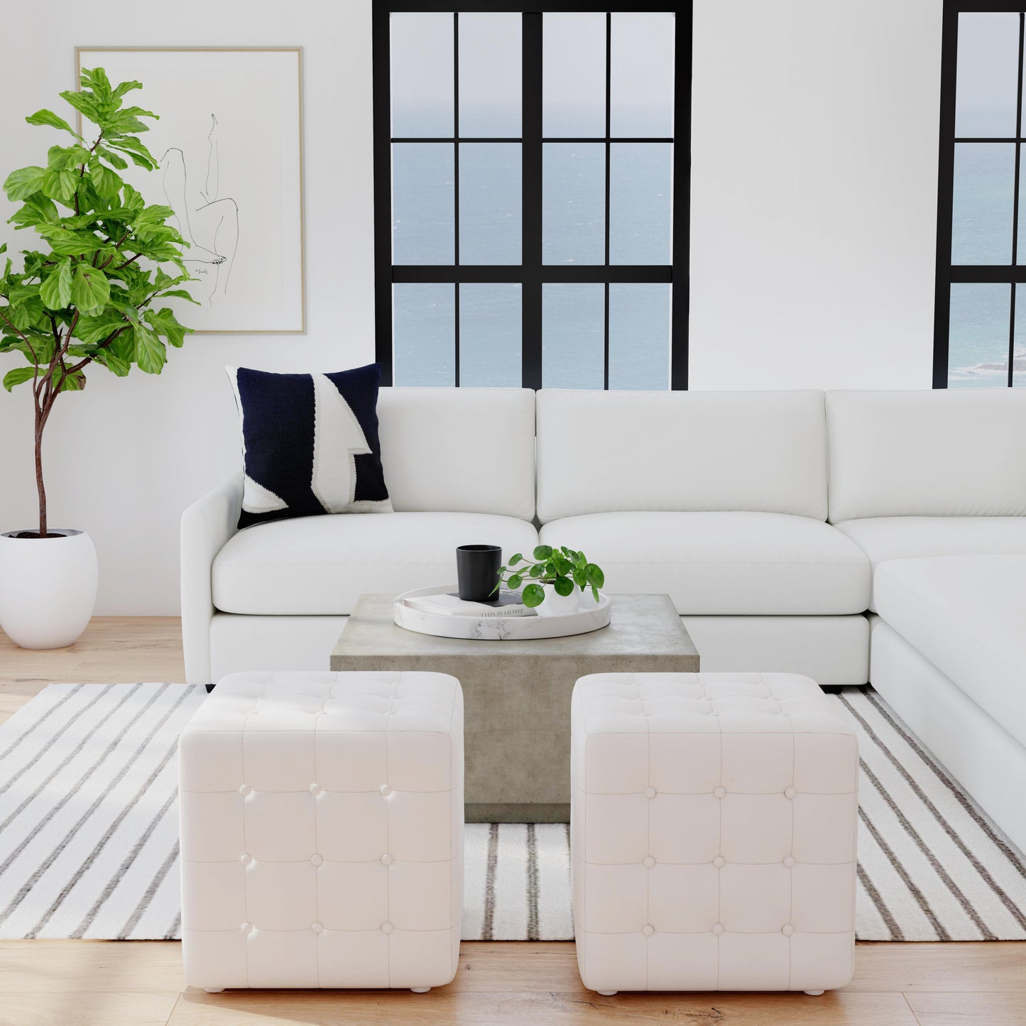 Butler Specialty Company Leon 18 in. Square Button Tufted Leather Cube Ottoman, White