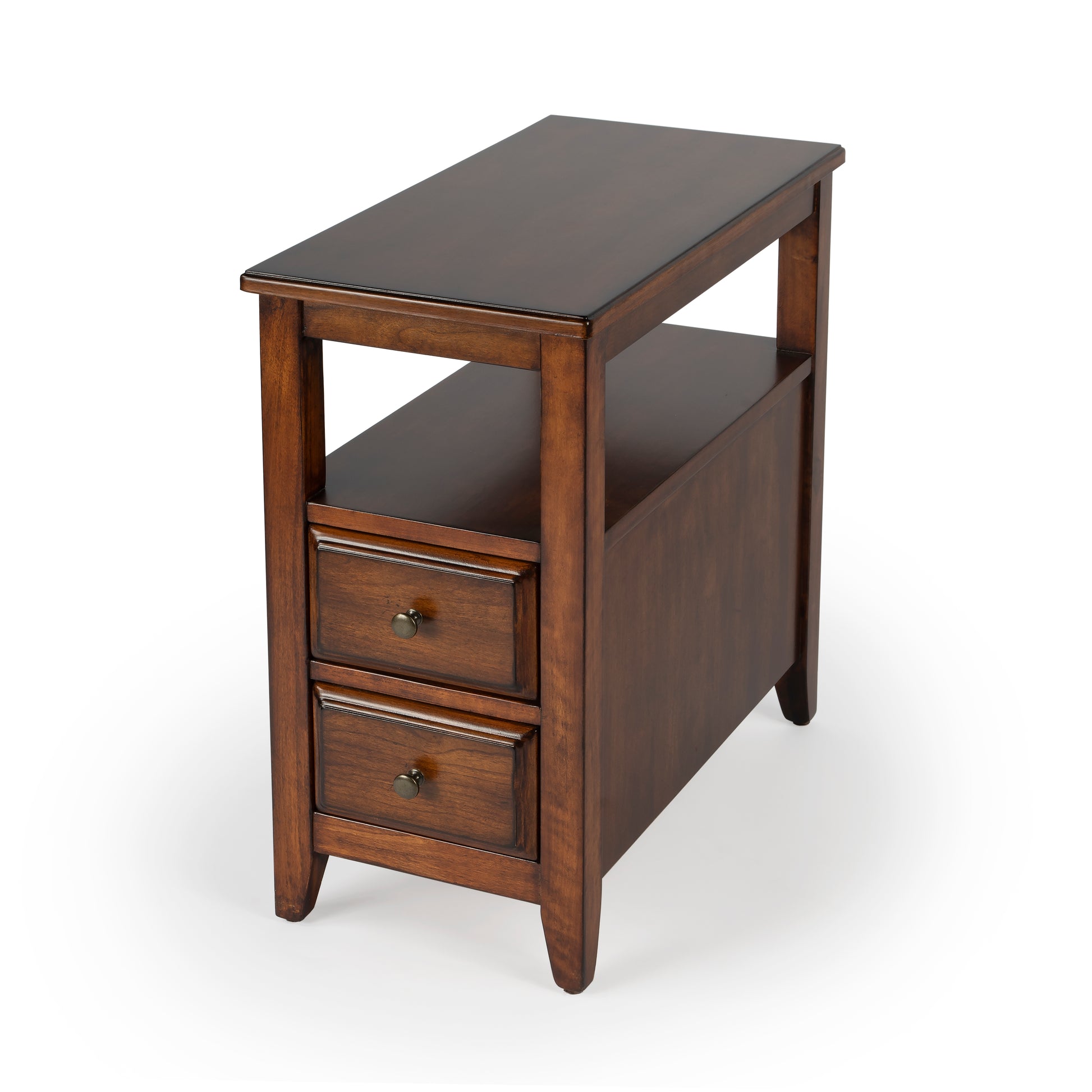 Butler Specialty Company Marcus 12 in. W Rectangular Wood 2 Drawer Side Table with Top Open Shelf, Medium Brown