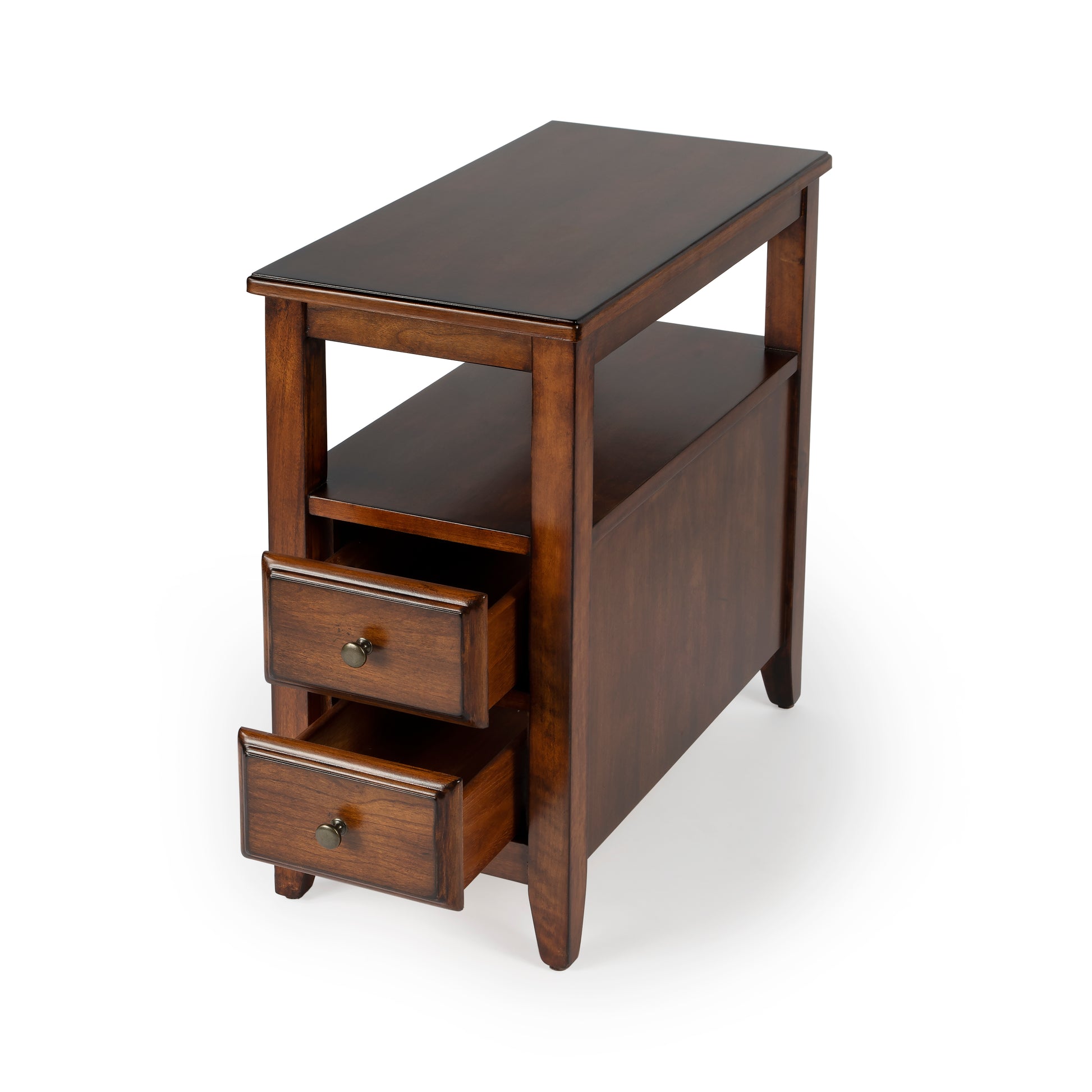 Butler Specialty Company Marcus 12 in. W Rectangular Wood 2 Drawer Side Table with Top Open Shelf, Medium Brown