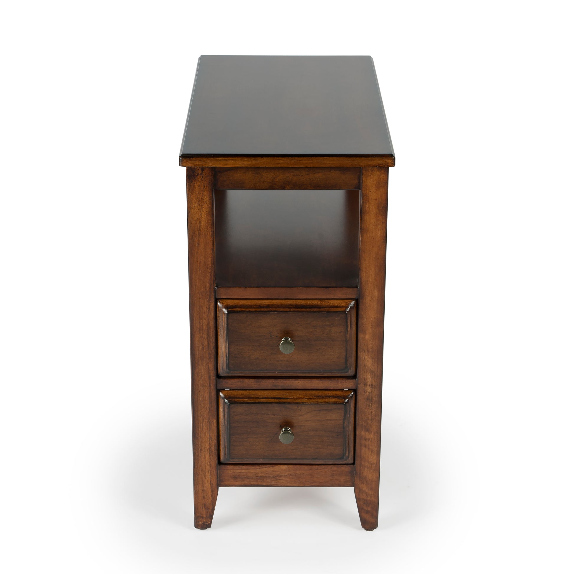 Butler Specialty Company Marcus 12 in. W Rectangular Wood 2 Drawer Side Table with Top Open Shelf, Medium Brown