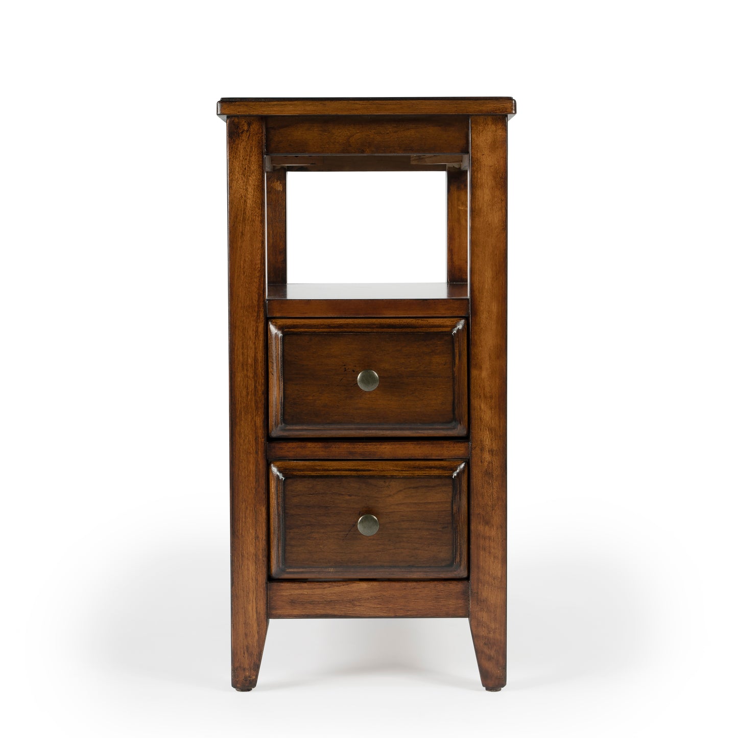 Butler Specialty Company Marcus 12 in. W Rectangular Wood 2 Drawer Side Table with Top Open Shelf, Medium Brown