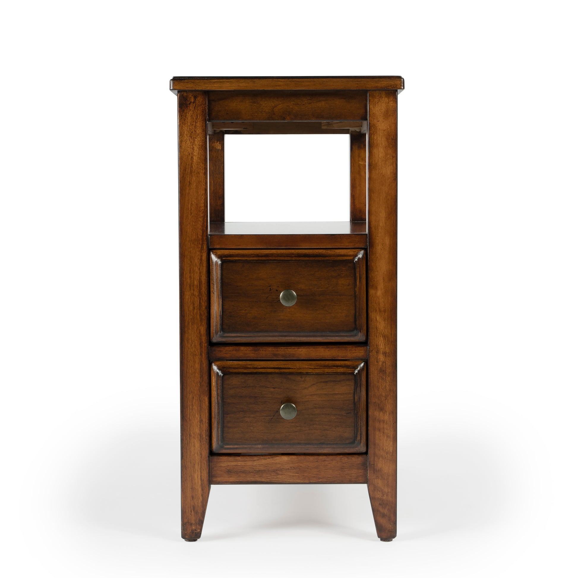 Butler Specialty Company Marcus 12 in. W Rectangular Wood 2 Drawer Side Table with Top Open Shelf, Medium Brown