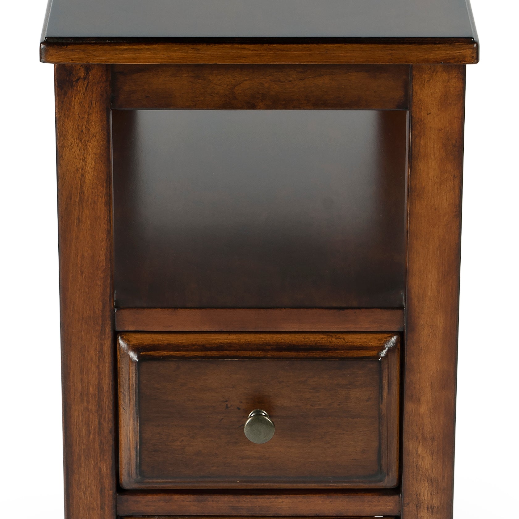 Butler Specialty Company Marcus 12 in. W Rectangular Wood 2 Drawer Side Table with Top Open Shelf, Medium Brown