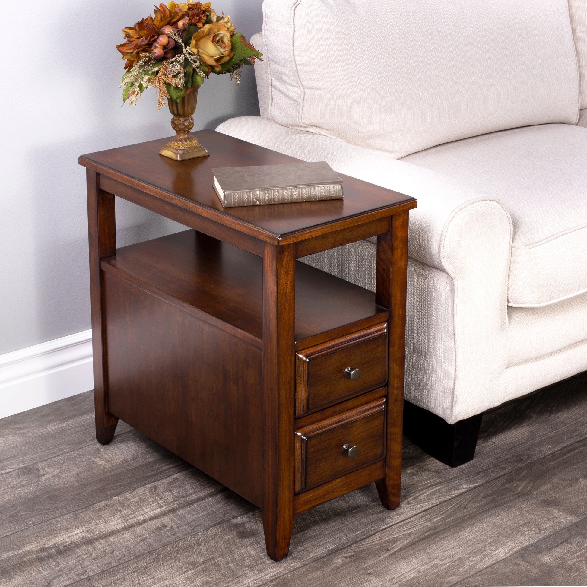 Butler Specialty Company Marcus 12 in. W Rectangular Wood 2 Drawer Side Table with Top Open Shelf, Medium Brown