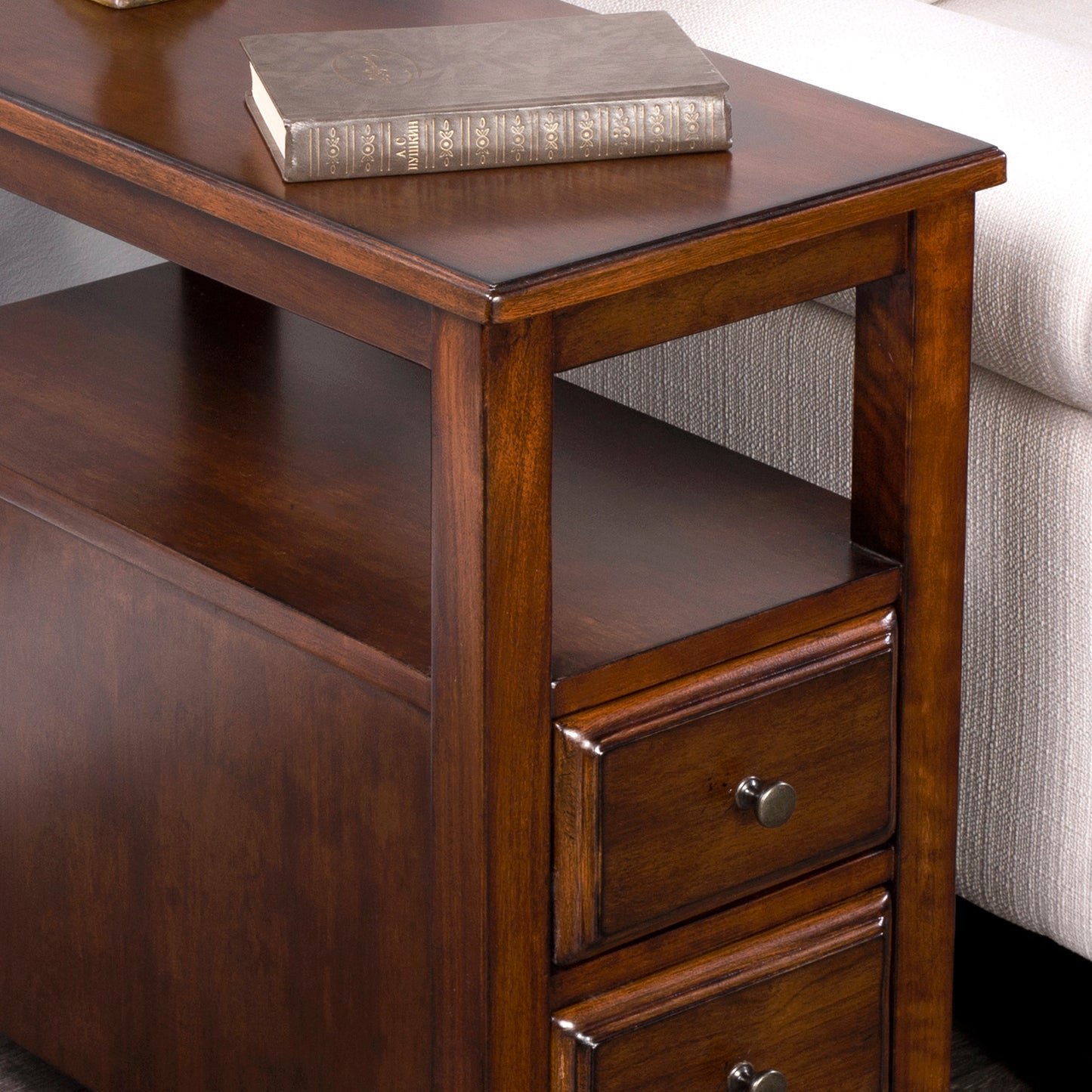 Butler Specialty Company Marcus 12 in. W Rectangular Wood 2 Drawer Side Table with Top Open Shelf, Medium Brown