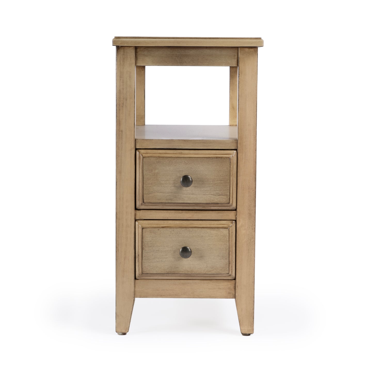 Butler Specialty Company Marcus 12 in. W Rectangular Wood 2 Drawer Side Table with Top Open Shelf, Tan/Beige