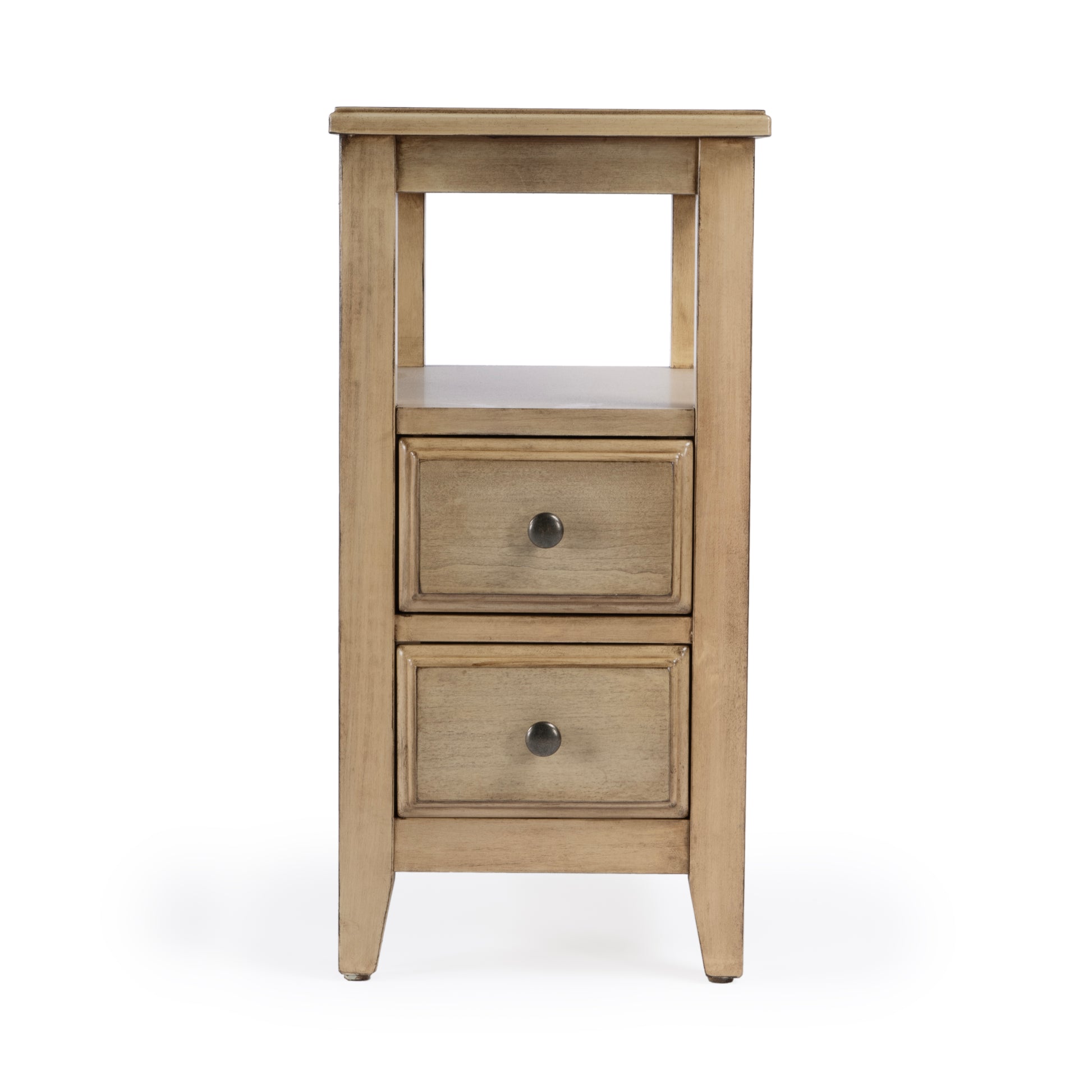 Butler Specialty Company Marcus 12 in. W Rectangular Wood 2 Drawer Side Table with Top Open Shelf, Tan/Beige