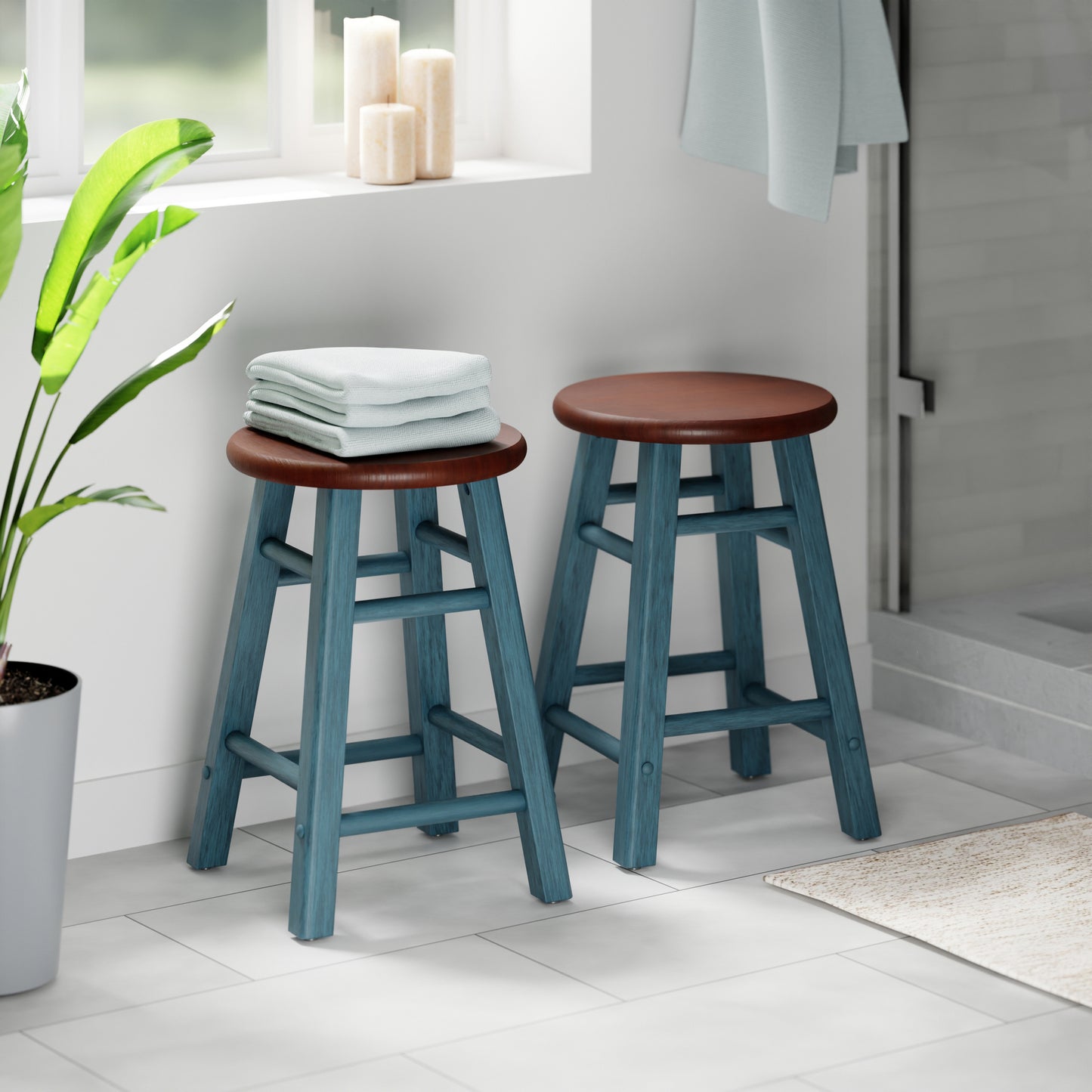 Element 2-Pc Dining Stool Set, Rustic Teal & Walnut