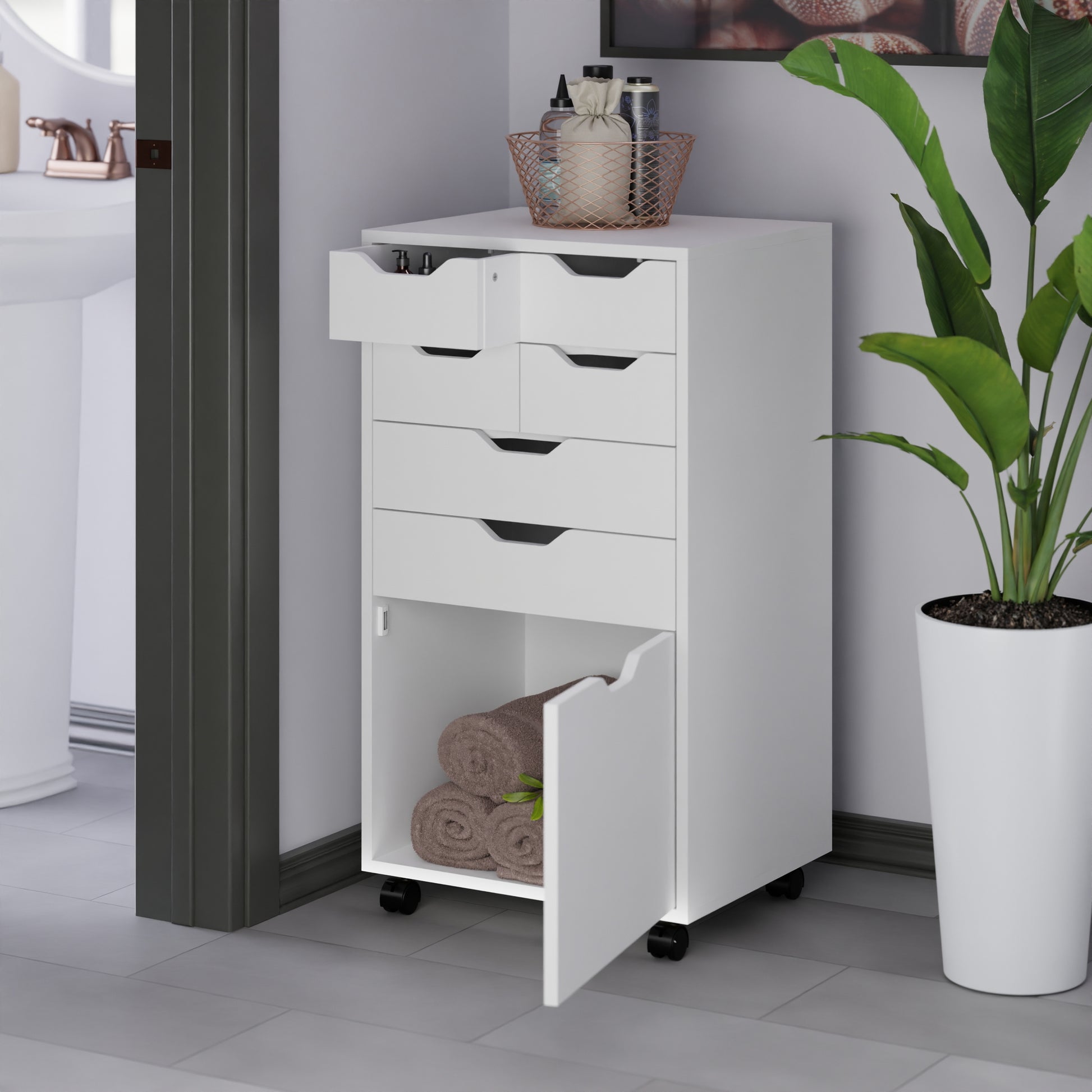 Halifax Bins & Drawers Multi-Storage Tall Mobile Cabinet, White