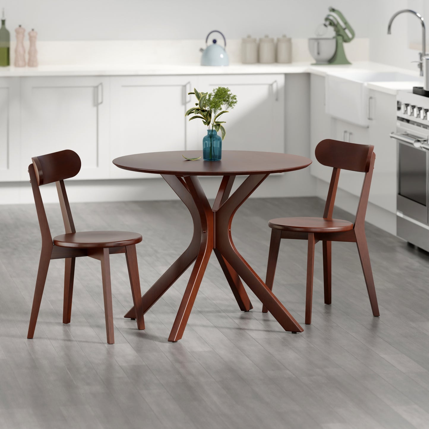 Lexa Dining Table with Splayed Legs, Walnut Finish with 2 Pauline Dining Chairs