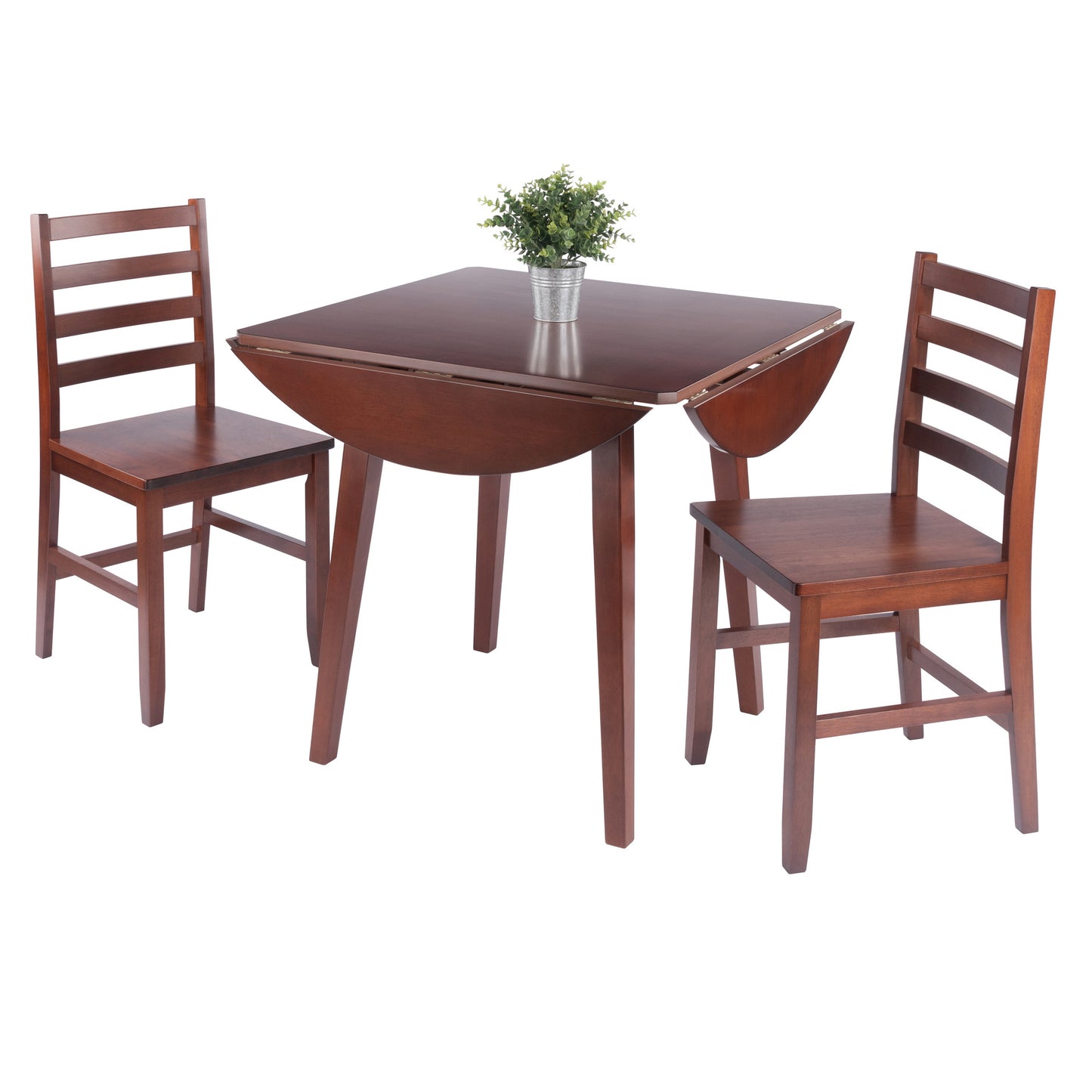 Dawson Extendable Round Dining Table with 2 Ladder-Back Chairs, 43" Wide, Walnut