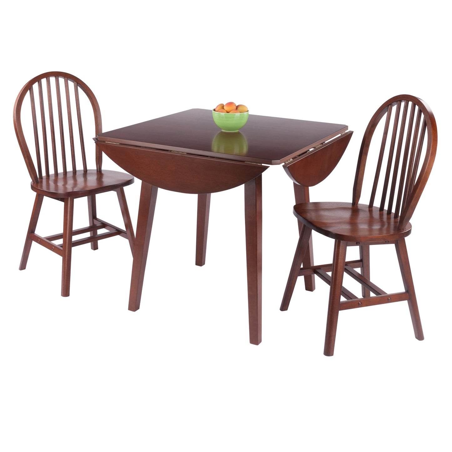 Dawson Extendable Round Dining Table with 2 Windsor Chairs, 43" Wide, Walnut