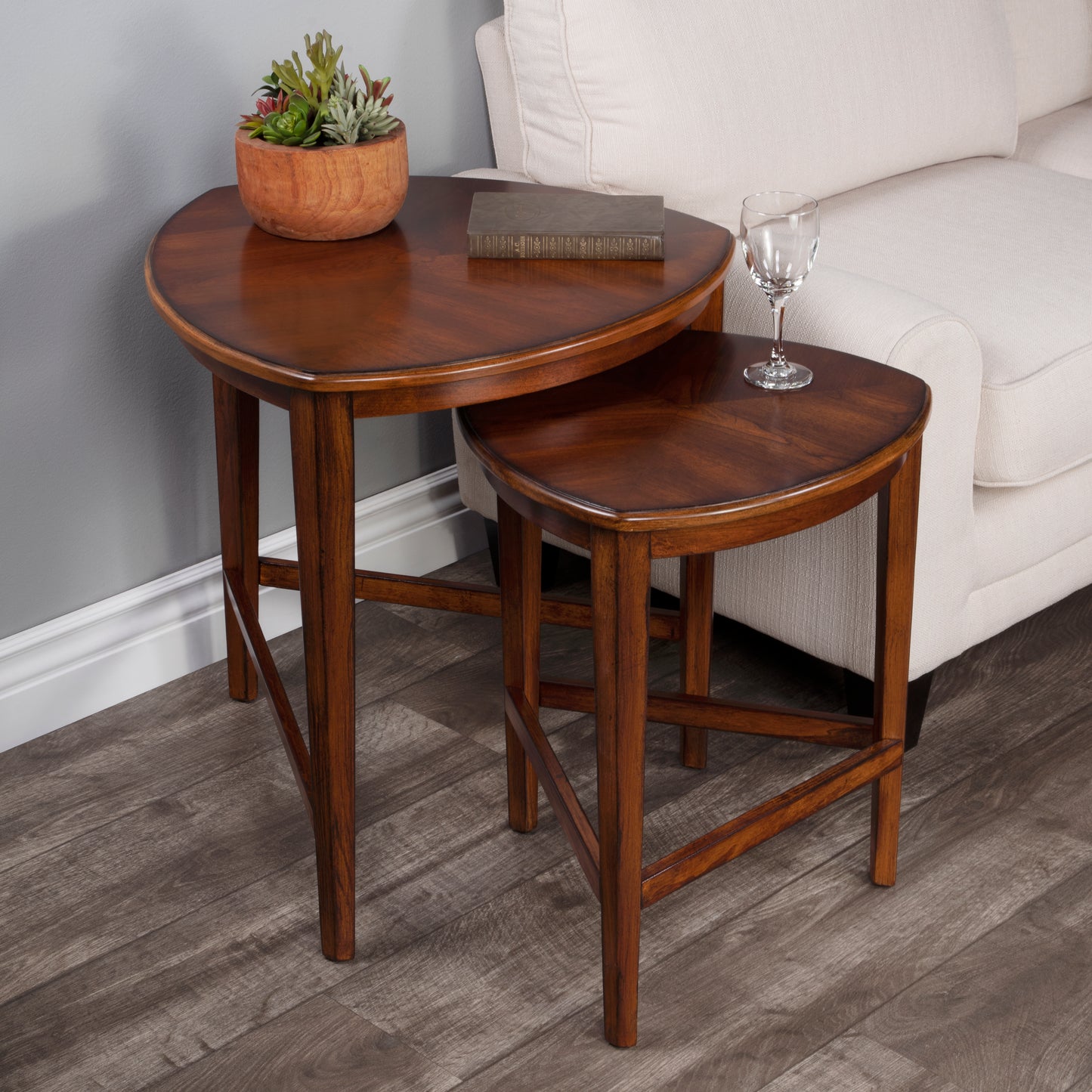 Butler Specialty Company Finnegan Triangle Shaped Wood Set of 2 Nesting Tables, Medium Brown