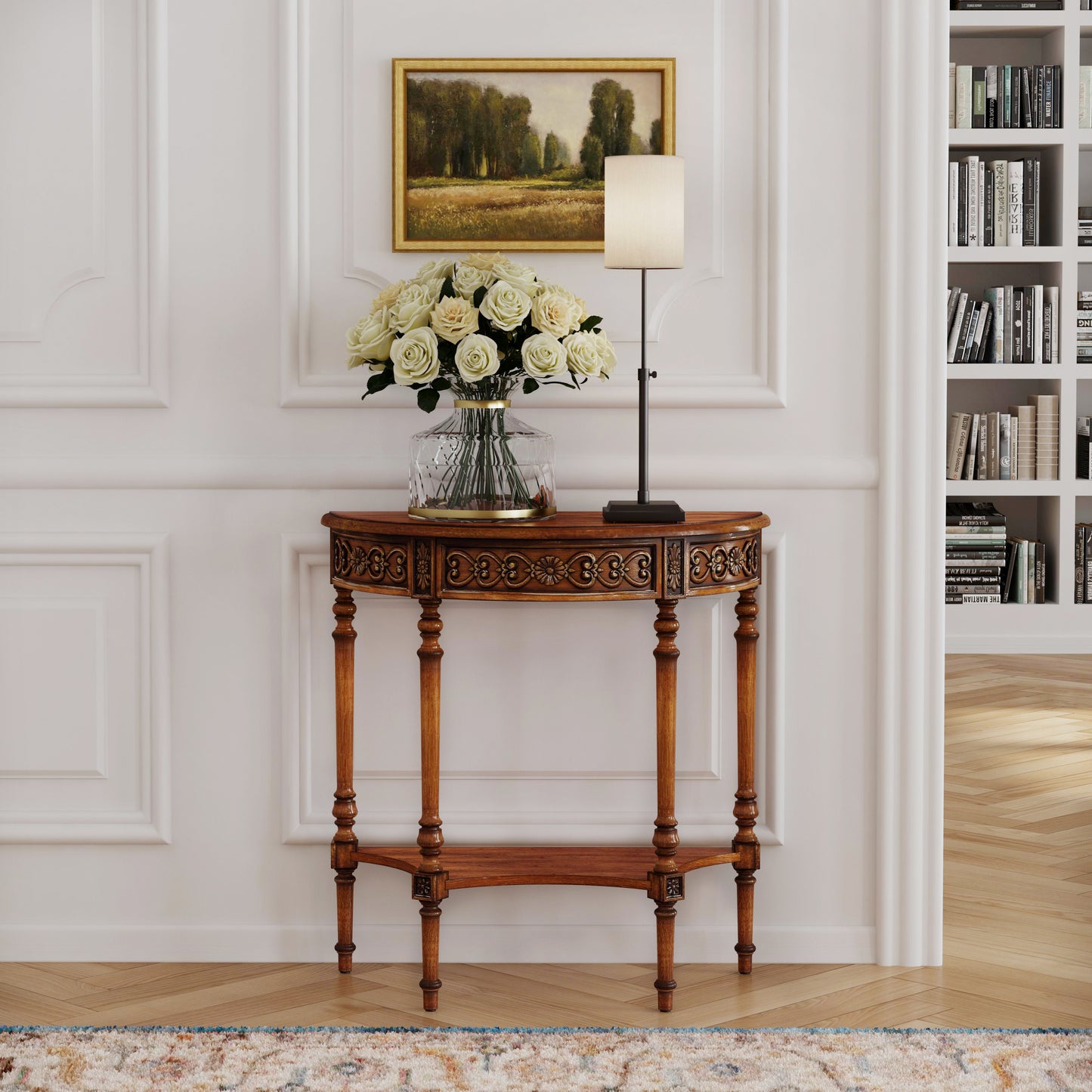 Butler Specialty Company Danielle 30 in W. Demilune Wood 1 Drawer Console Table with Lower Open Shelf, Medium Brown