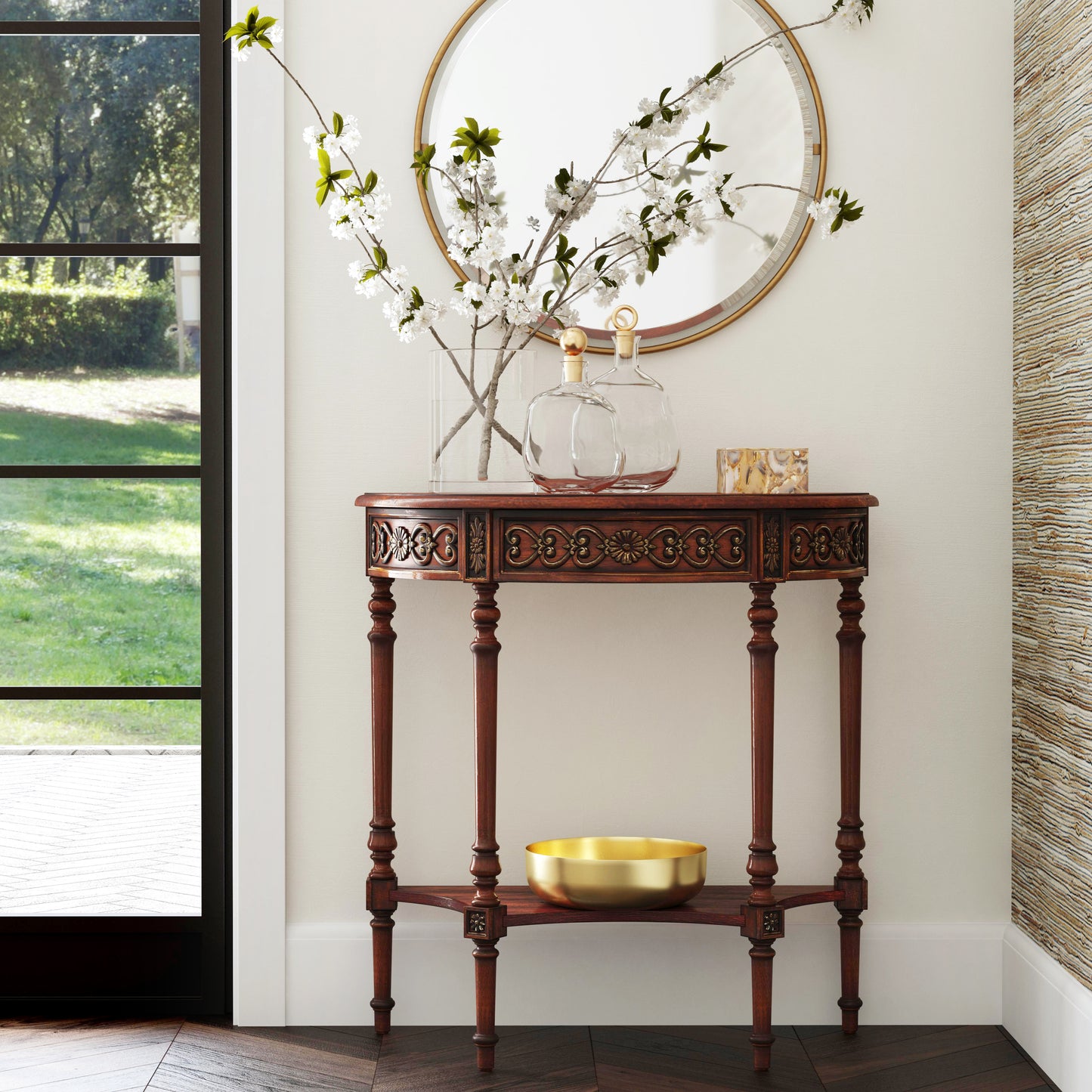 Butler Specialty Company Danielle 30 in W. Demilune Wood 1 Drawer Console Table with Lower Open Shelf, Dark Brown