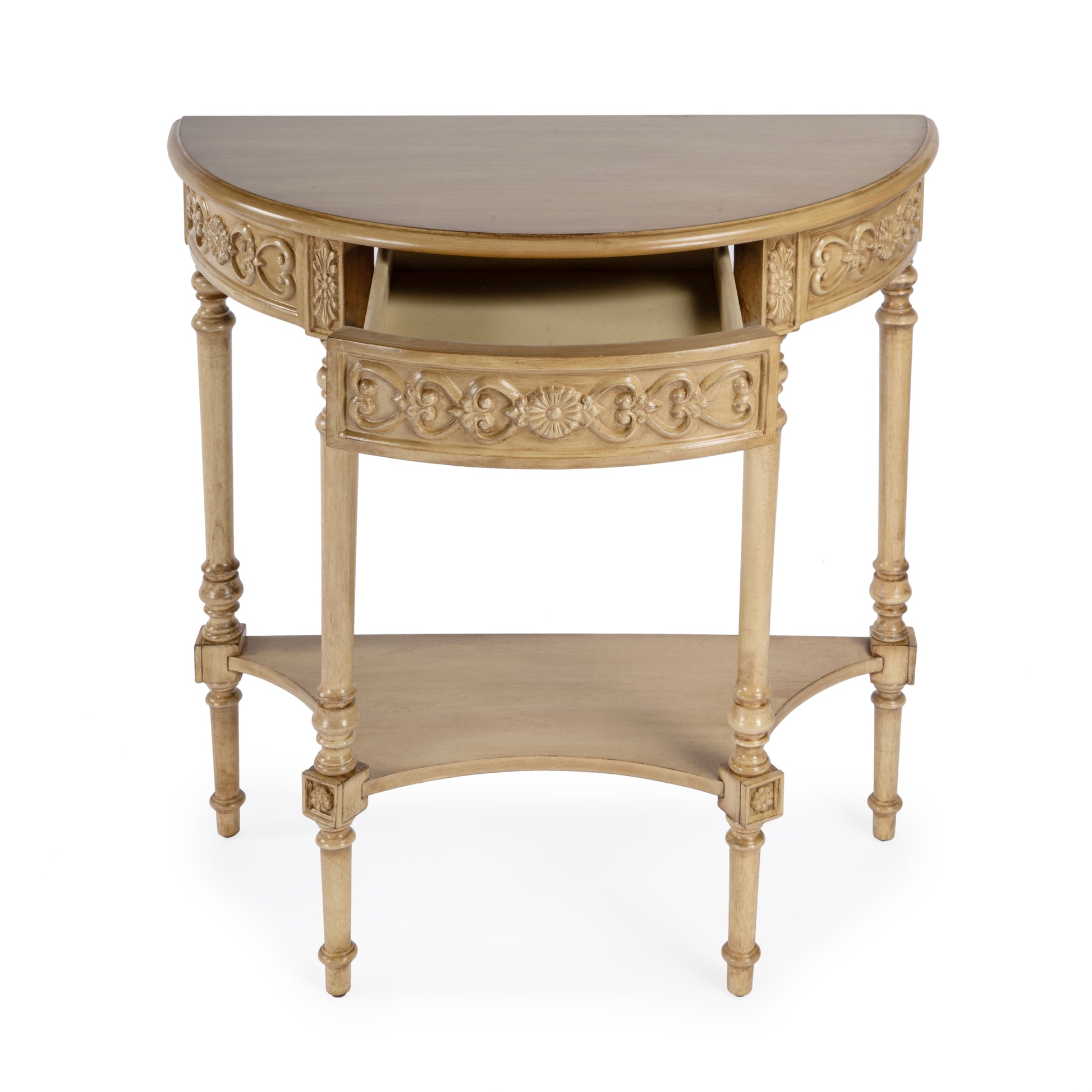 Butler Specialty Company Danielle 30 in W. Demilune Wood 1 Drawer Console Table with Lower Open Shelf, Beige