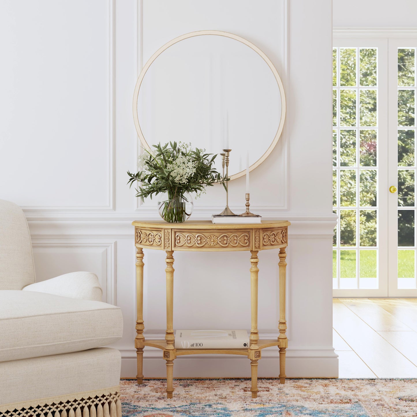 Butler Specialty Company Danielle 30 in W. Demilune Wood 1 Drawer Console Table with Lower Open Shelf, Beige