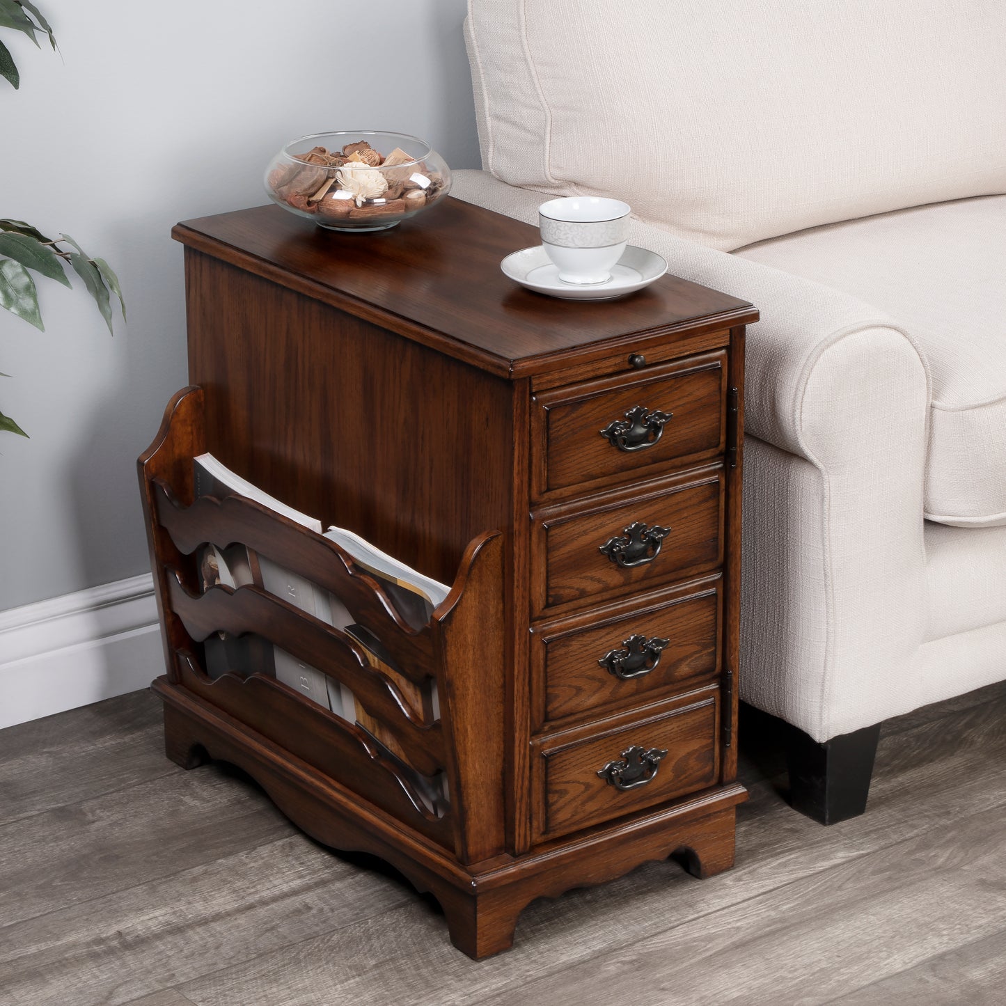 Butler Specialty Company Gregory 14.5 in. W Rectangular Wood Storage Side Table with Magazine Holder and Pull-Out Tray, Medium Brown