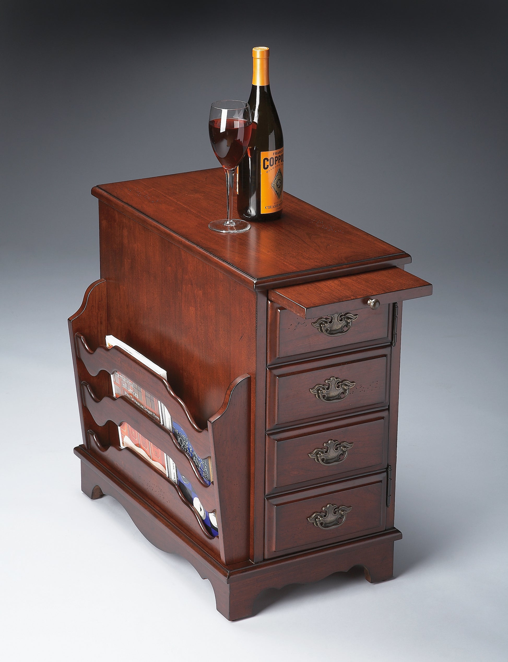 Butler Specialty Company Gregory 14.5 in. W Rectangular Wood Storage Side Table with Magazine Holder and Pull-Out Tray, Dark Brown