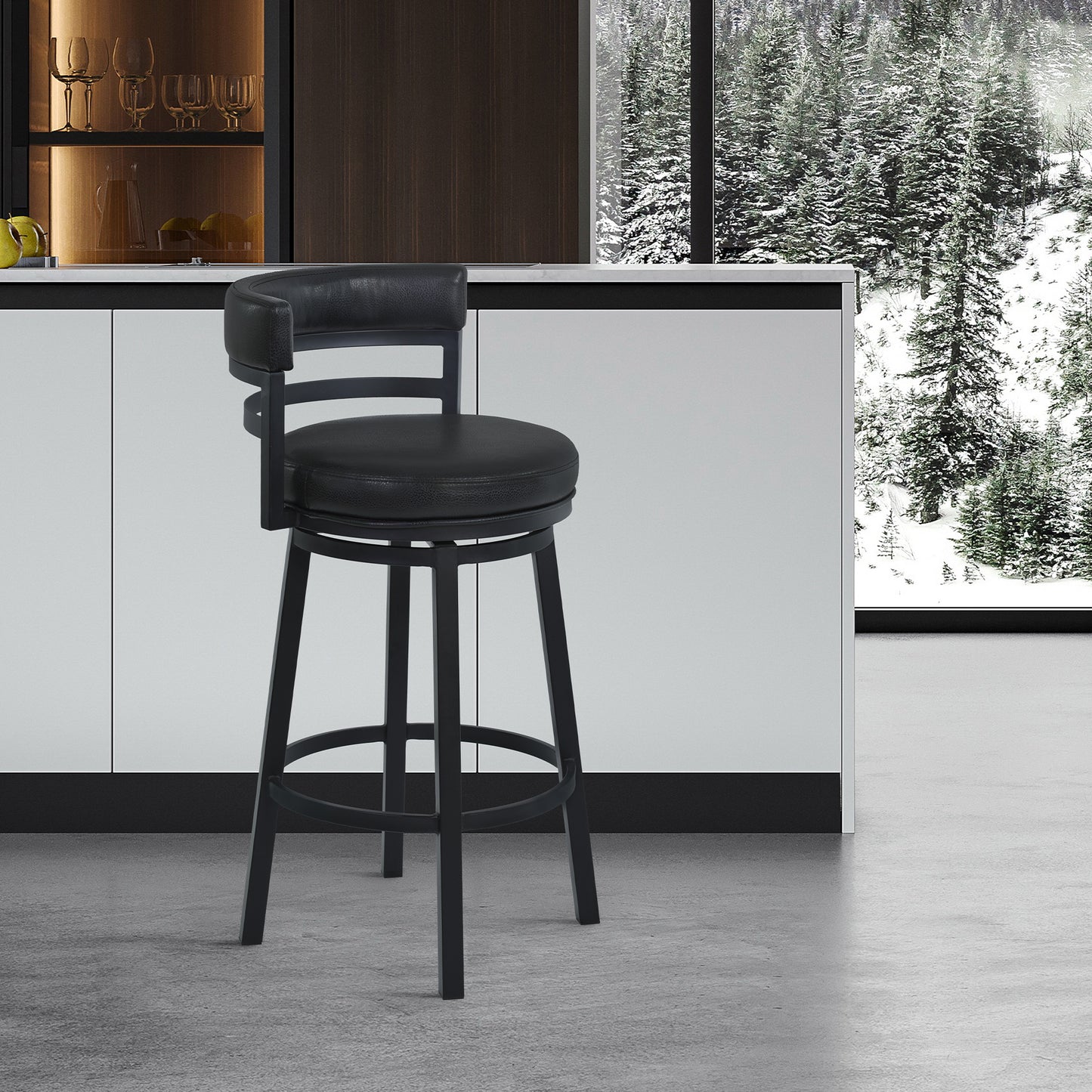 Titana 30" Bar Height Metal Swivel Barstool in Ford Black Pu and Black Finish