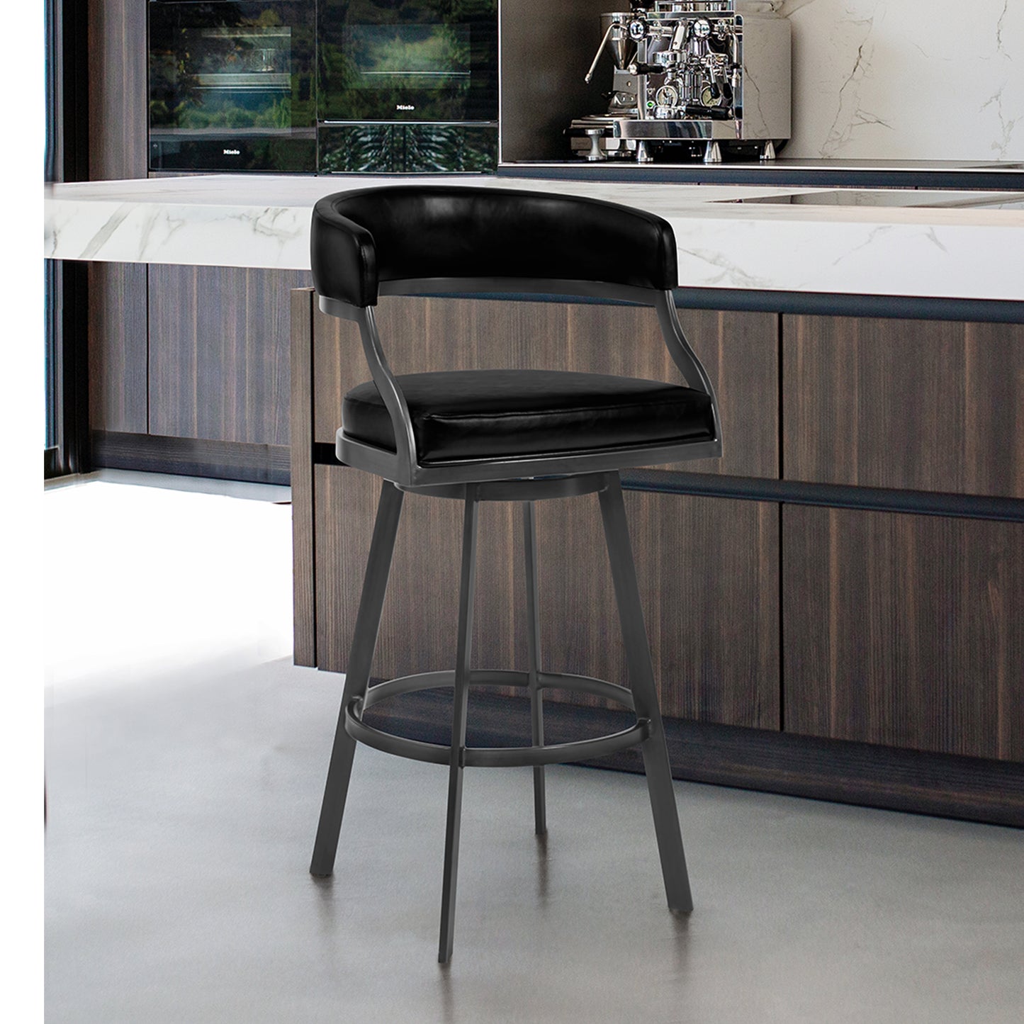 Dione Counter and Bar Height Swivel Barstool with Faux Leather and Metal Base